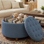 EOP 25" Round Storage Ottoman, Tufted Fabric Modern Circle Ottoman with Reversible Tray Lid, Solid Wood Legs, Multi-Use Coffee Table & Seating for Living Room, Bedroom, Beige