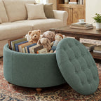 EOP 25" Round Storage Ottoman, Tufted Fabric Modern Circle Ottoman with Reversible Tray Lid, Solid Wood Legs, Multi-Use Coffee Table & Seating for Living Room, Bedroom, Beige
