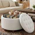 EOP 25" Round Storage Ottoman, Tufted Fabric Modern Circle Ottoman with Reversible Tray Lid, Solid Wood Legs, Multi-Use Coffee Table & Seating for Living Room, Bedroom, Beige