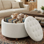 EOP 25" Round Storage Ottoman, Tufted Fabric Modern Circle Ottoman with Reversible Tray Lid, Solid Wood Legs, Multi-Use Coffee Table & Seating for Living Room, Bedroom, Beige