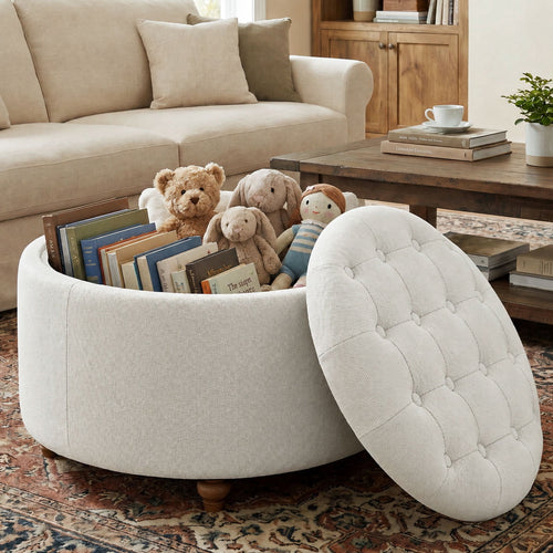 EOP 25" Round Storage Ottoman, Tufted Fabric Modern Circle Ottoman with Reversible Tray Lid, Solid Wood Legs, Multi-Use Coffee Table & Seating for Living Room, Bedroom, Beige