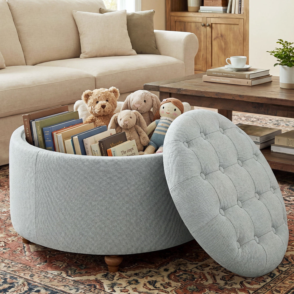EOP 25" Round Storage Ottoman, Tufted Fabric Modern Circle Ottoman with Reversible Tray Lid, Solid Wood Legs, Multi-Use Coffee Table & Seating for Living Room, Bedroom, Beige