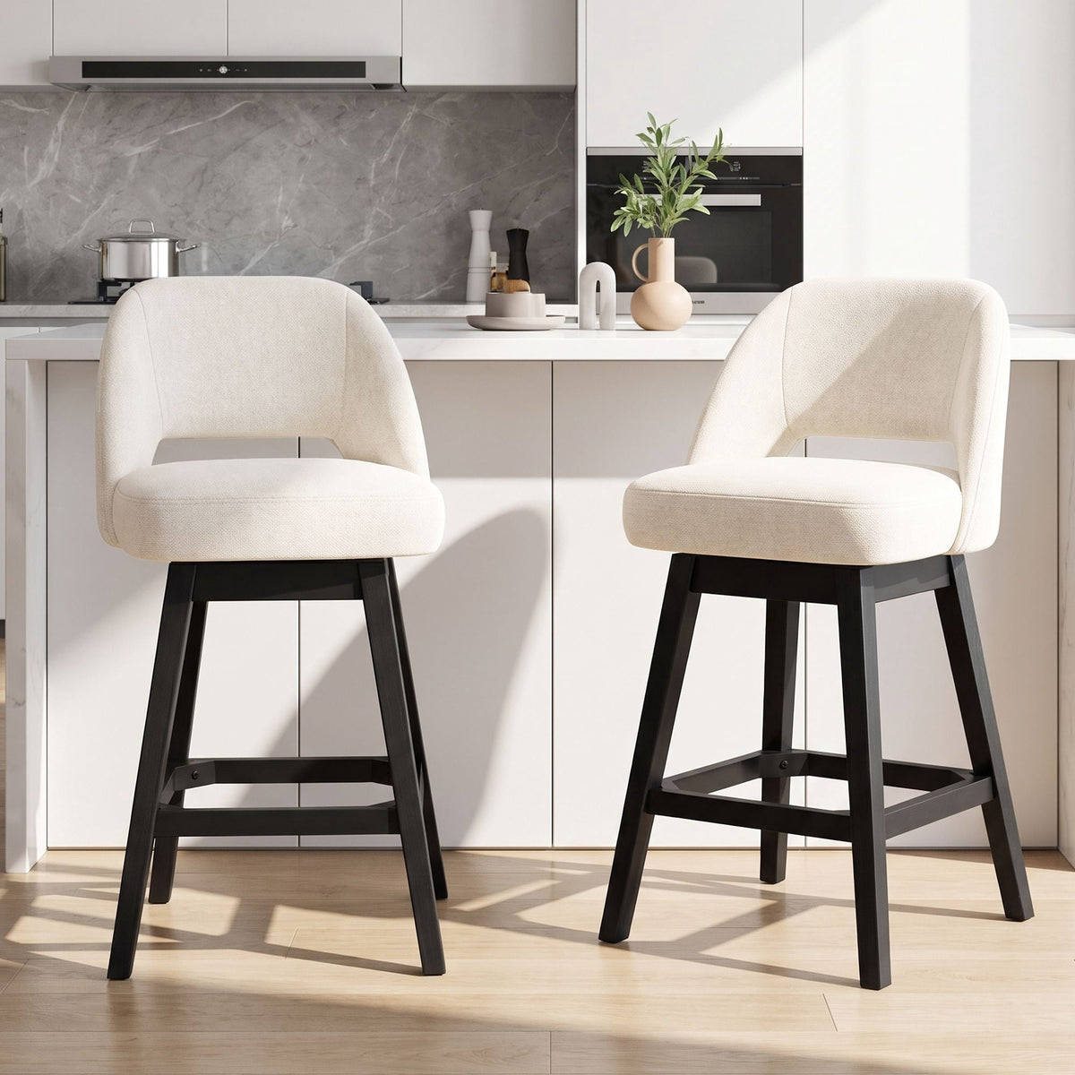 EOP 26'' Swivel Counter Height Bar Stools Set of 2, Modern Upholstered Bar Stools with Curved Back and Solid Wood Legs, Bar Chairs for Kitchen Island Home Bar, Beige