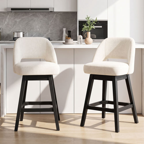 EOP 26'' Swivel Counter Height Bar Stools Set of 2, Modern Upholstered Bar Stools with Curved Back and Solid Wood Legs, Bar Chairs for Kitchen Island Home Bar, Beige