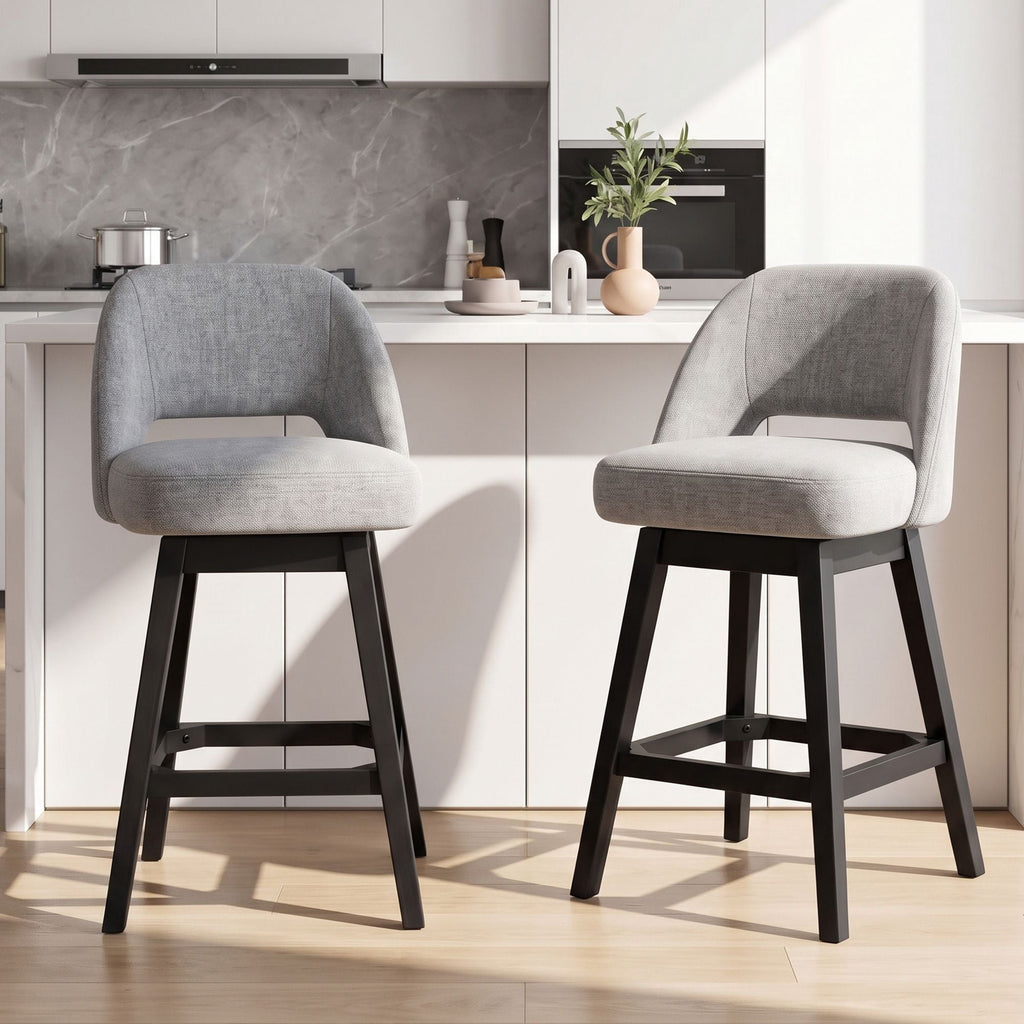 EOP 26'' Swivel Counter Height Bar Stools Set of 2, Modern Upholstered Bar Stools with Curved Back and Solid Wood Legs, Bar Chairs for Kitchen Island Home Bar, Beige