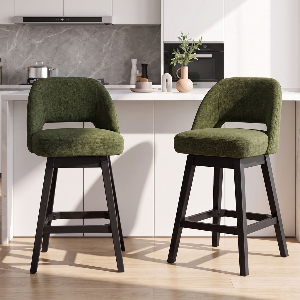 EOP 26'' Swivel Counter Height Bar Stools Set of 2, Modern Upholstered Bar Stools with Curved Back and Solid Wood Legs, Bar Chairs for Kitchen Island Home Bar, Beige