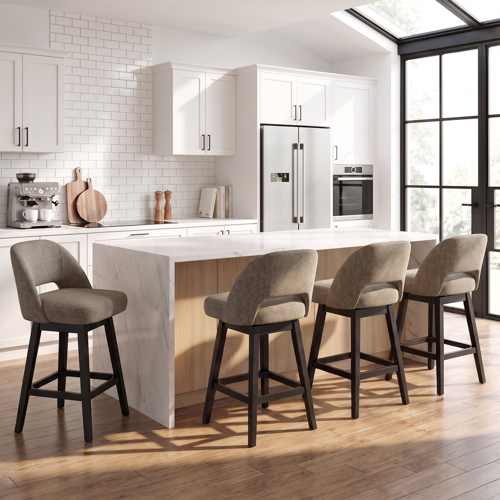 EOP 26'' Swivel Counter Height Bar Stools Set of 2, Modern Upholstered Bar Stools with Curved Back and Solid Wood Legs, Bar Chairs for Kitchen Island Home Bar, Beige