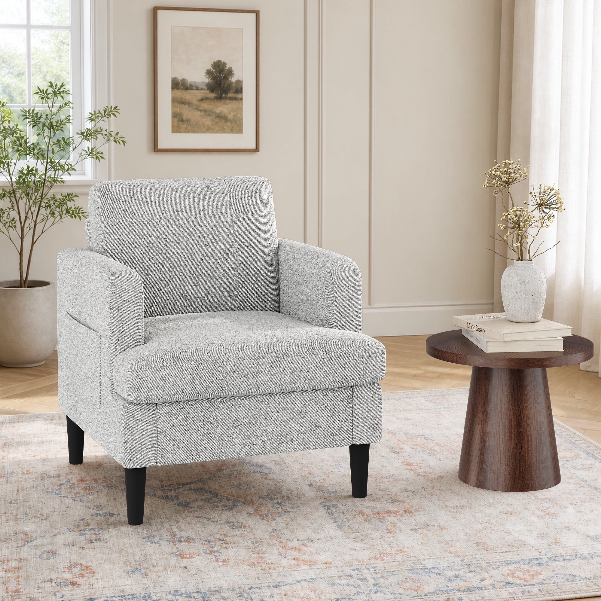 EOP 29.13" Accent Chairs Upholstered Fabric Compty Chairs with Armrest Reading Chair with Solid Wood Frame for Living Room Reading Room, Gray