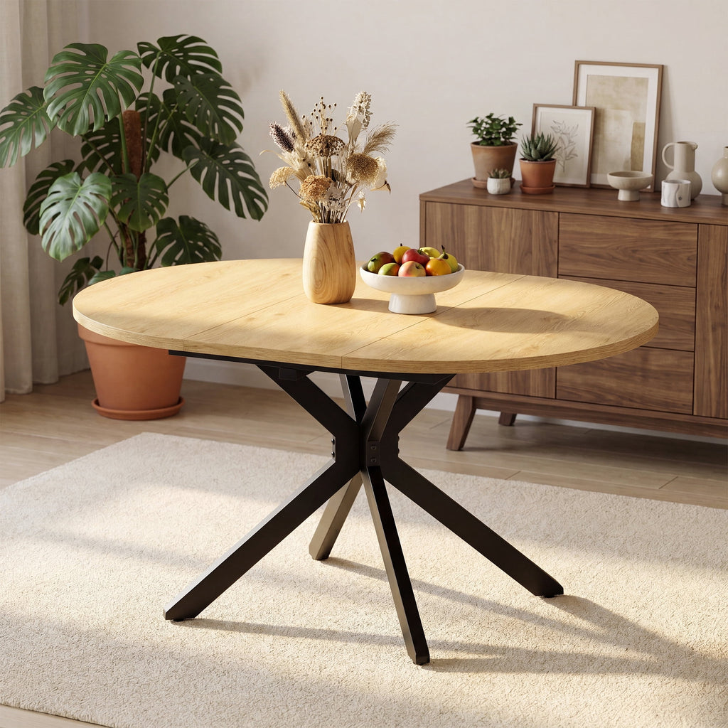 EOP 43″- 59″ Extendable Round Dining Table for 4-6, Farmhouse Oval Kitchen Table with Removable Leaves, Mid Century Modern Dining Room Table with Metal Frame, Space Saving, Walnut