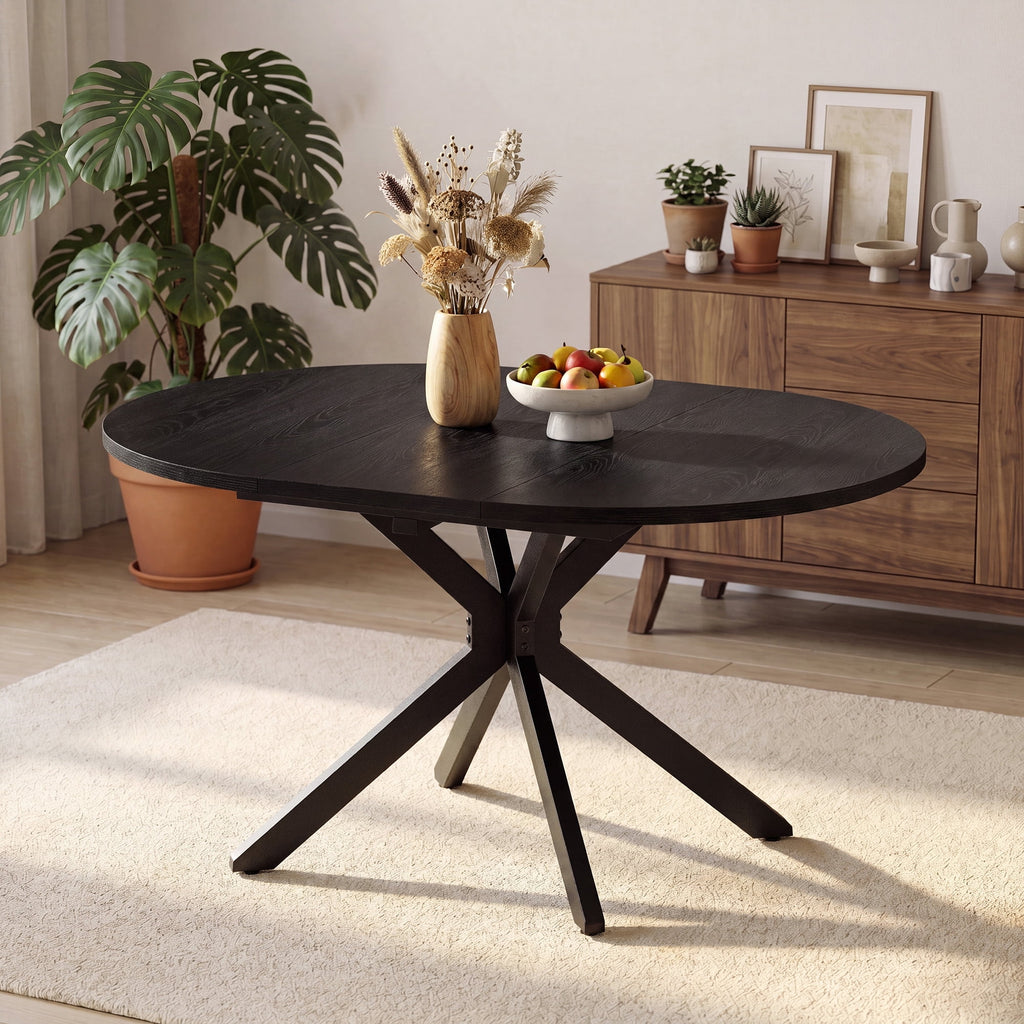 EOP 43″- 59″ Extendable Round Dining Table for 4-6, Farmhouse Oval Kitchen Table with Removable Leaves, Mid Century Modern Dining Room Table with Metal Frame, Space Saving, Walnut