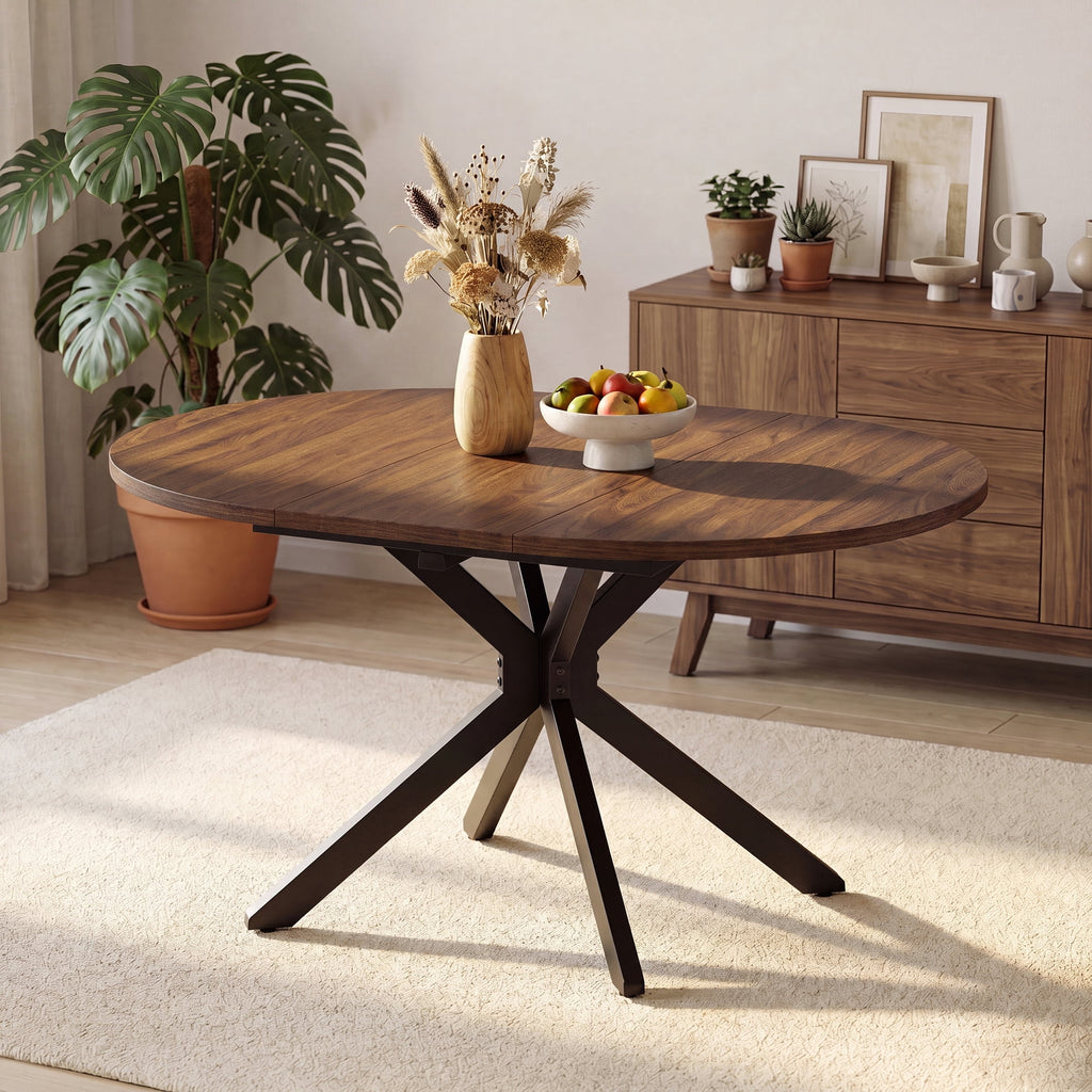 EOP 43″- 59″ Extendable Round Dining Table for 4-6, Farmhouse Oval Kitchen Table with Removable Leaves, Mid Century Modern Dining Room Table with Metal Frame, Space Saving, Walnut