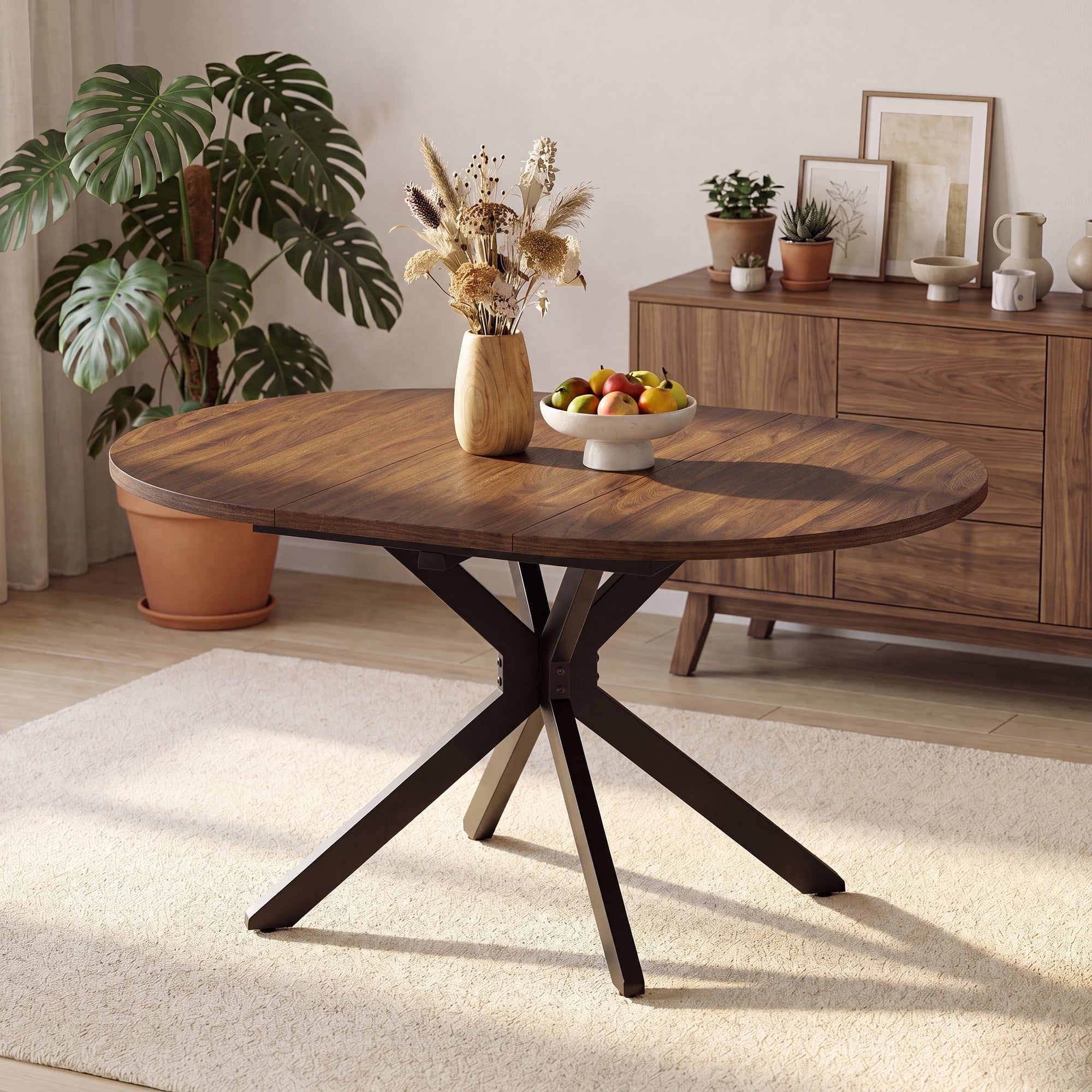 EOP 43″- 59″ Extendable Round Dining Table for 4-6, Farmhouse Oval Kitchen Table with Removable Leaves, Mid Century Modern Dining Room Table with Metal Frame, Space Saving, Walnut