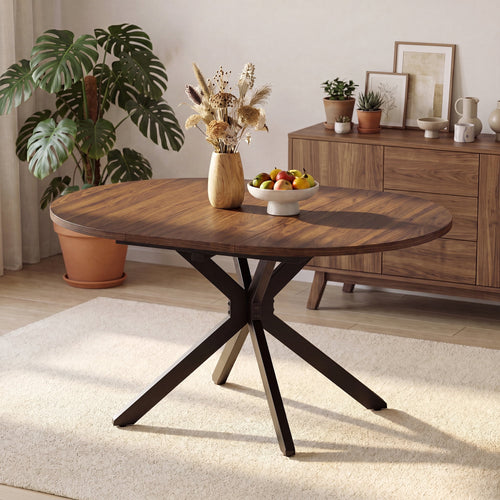 EOP 43″- 59″ Extendable Round Dining Table for 4-6, Farmhouse Oval Kitchen Table with Removable Leaves, Mid Century Modern Dining Room Table with Metal Frame, Space Saving, Walnut