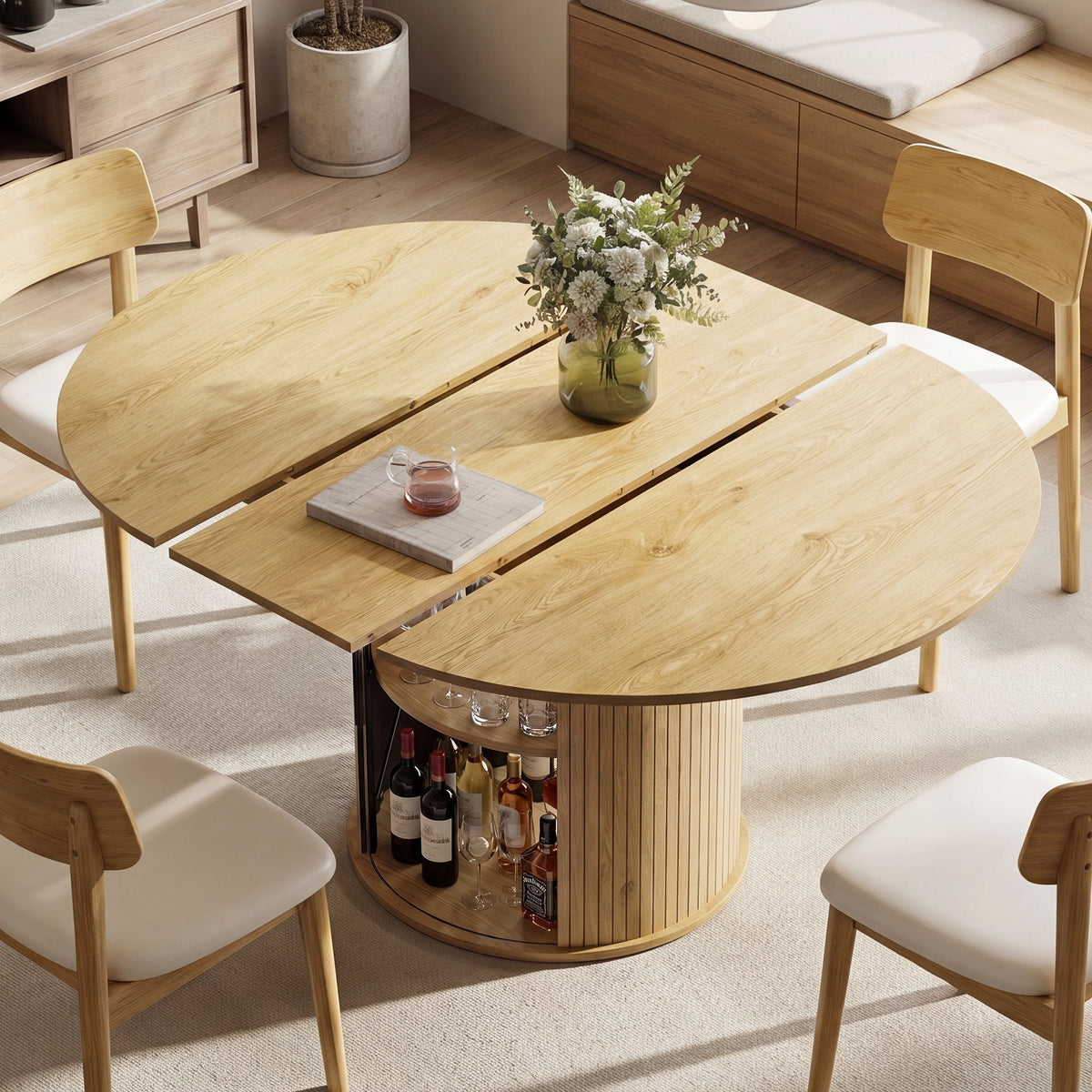 EOP 47″- 63″ Extendable Round Dining Table for 4-6, Wooden Kitchen Table with Hidden Storage and Fluted Sliding Door Cabinet, Modern Space-Saving Table for Dining Room Kitchen, Walnut