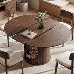 EOP 47″- 63″ Extendable Round Dining Table for 4-6, Wooden Kitchen Table with Hidden Storage and Fluted Sliding Door Cabinet, Modern Space-Saving Table for Dining Room Kitchen, Walnut