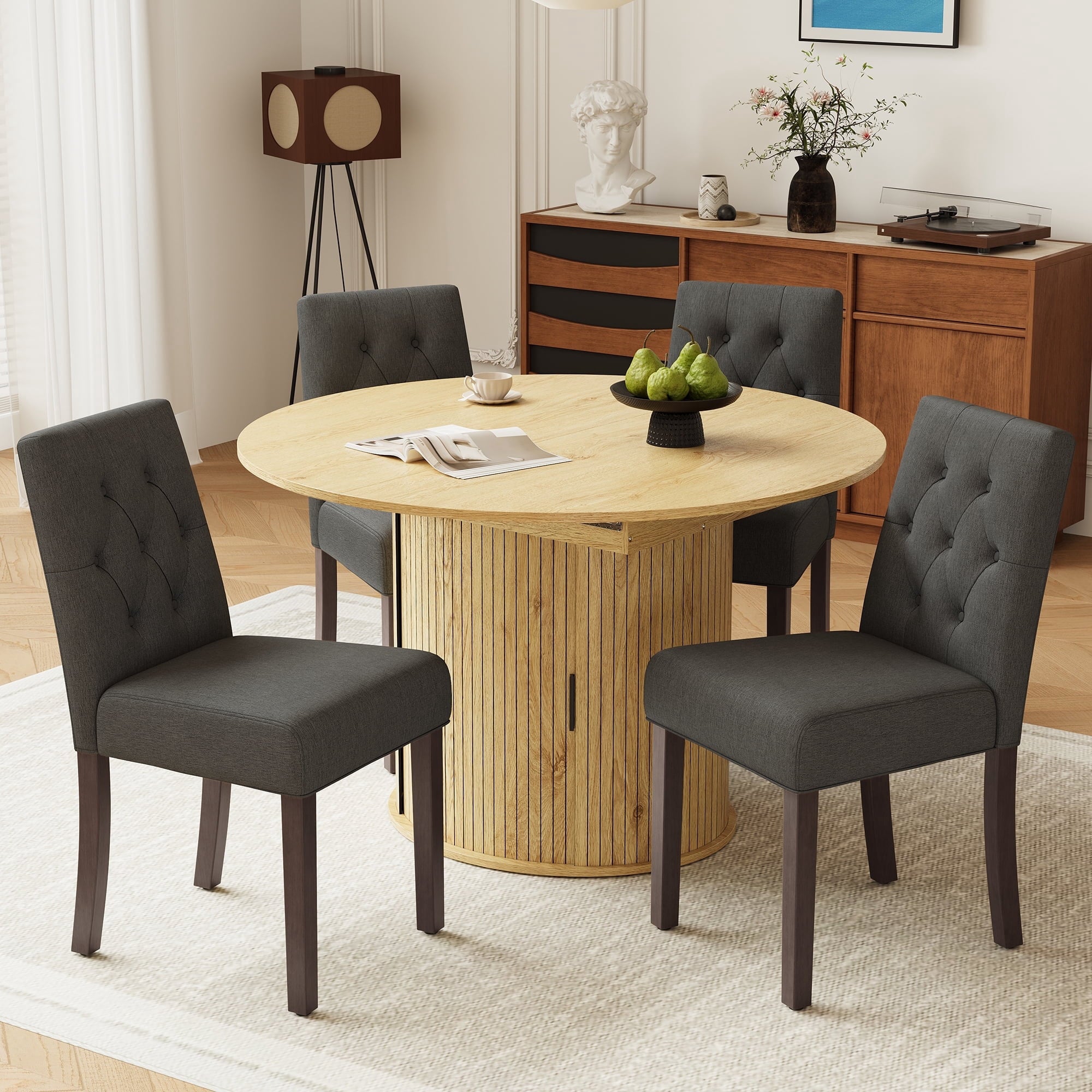 EOP 5-Piece Extendable Dining Table Set for 4, 47"-63" Wood Kitchen Table with 4 Upholstered Chairs, Space-Saving Drop Leaf Kitchen Table for Dining Room, Small Space