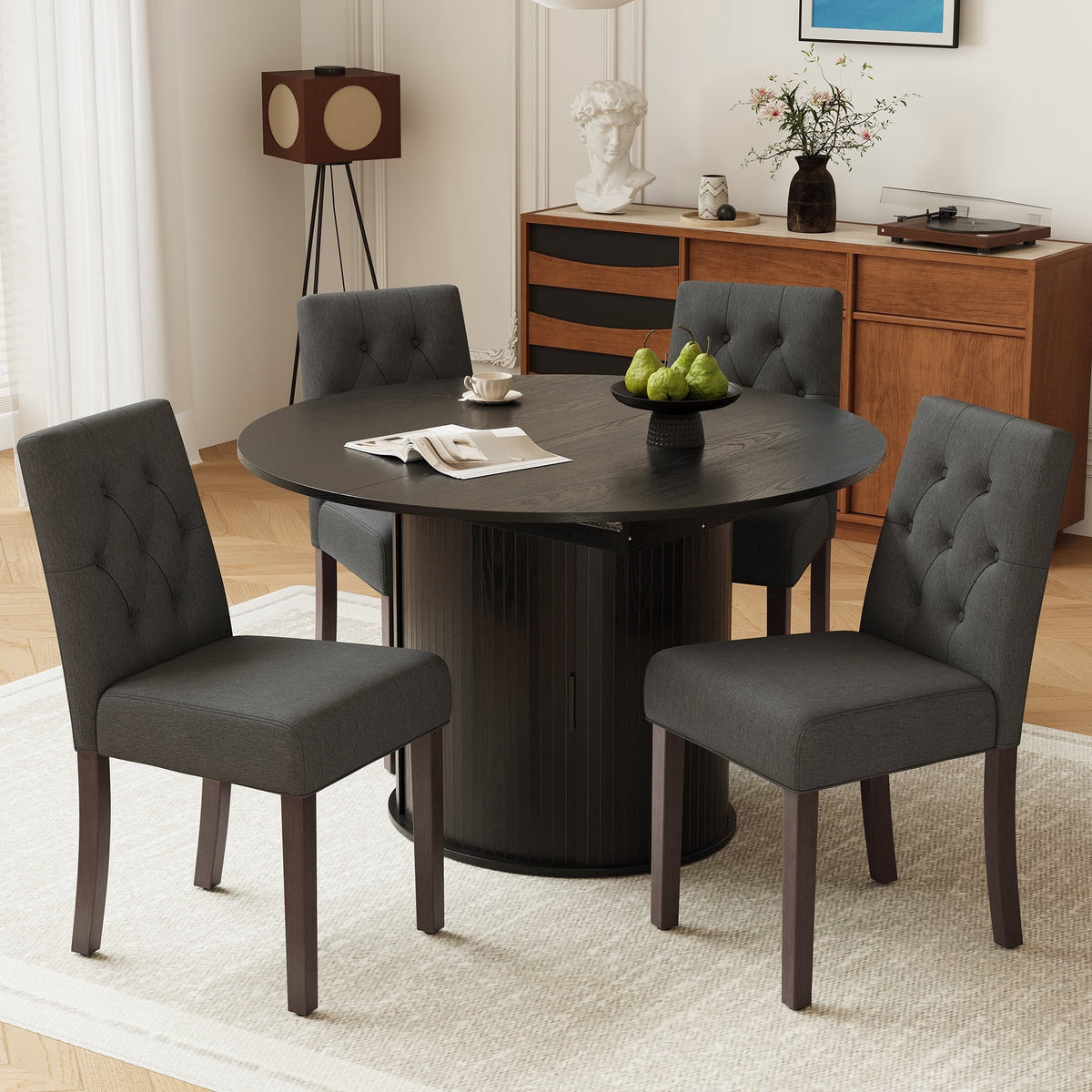 EOP 5-Piece Extendable Dining Table Set for 4, 47"-63" Wood Kitchen Table with 4 Upholstered Chairs, Space-Saving Drop Leaf Kitchen Table for Dining Room, Small Space