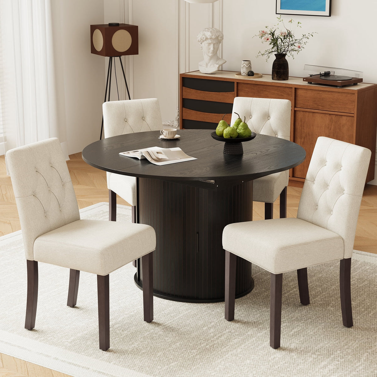EOP 5-Piece Extendable Dining Table Set for 4, 47"-63" Wood Kitchen Table with 4 Upholstered Chairs, Space-Saving Drop Leaf Kitchen Table for Dining Room, Small Space