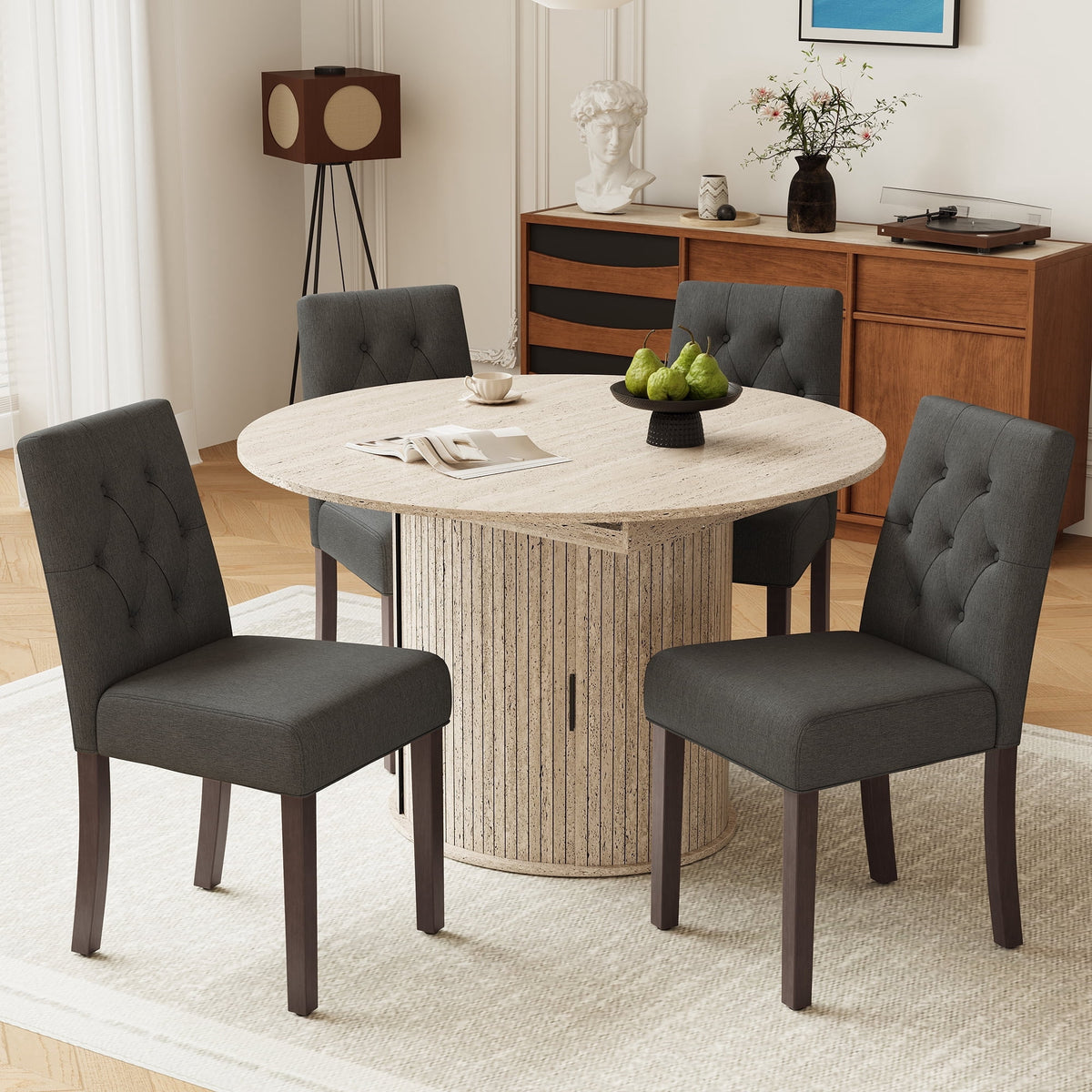 EOP 5-Piece Extendable Dining Table Set for 4, 47"-63" Wood Kitchen Table with 4 Upholstered Chairs, Space-Saving Drop Leaf Kitchen Table for Dining Room, Small Space