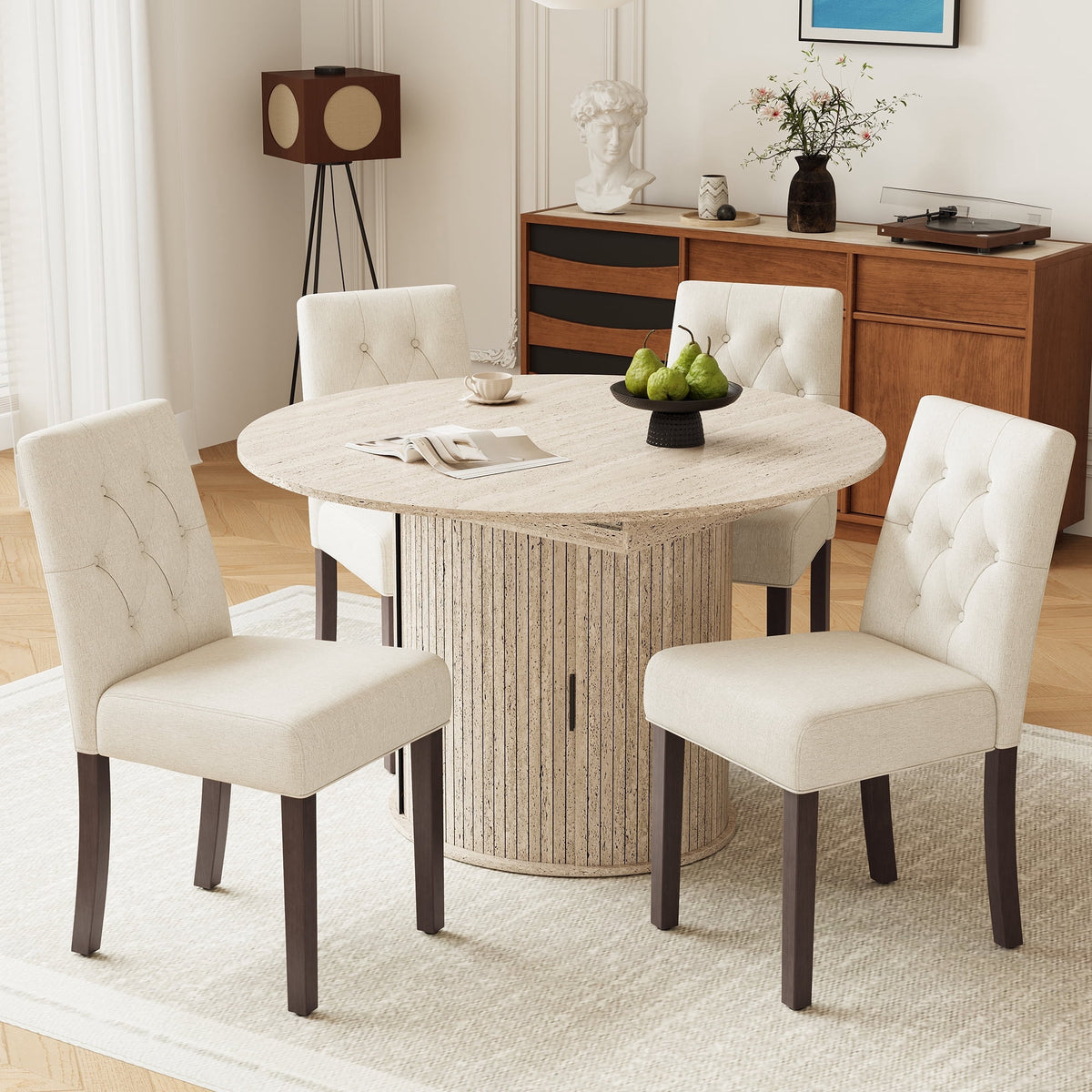 EOP 5-Piece Extendable Dining Table Set for 4, 47"-63" Wood Kitchen Table with 4 Upholstered Chairs, Space-Saving Drop Leaf Kitchen Table for Dining Room, Small Space
