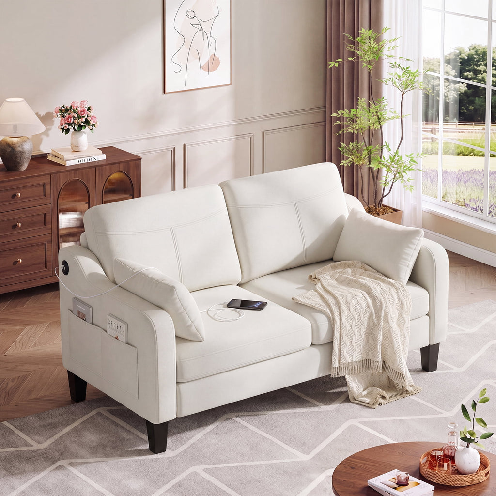 EOP 52" Upholstered Loveseat Sofa with USB & Type-C Charging, 2 Seater Small Couch with Storage Pockets & Armrest Pillows for Living Room, Apartment, Office, Small Spaces, Beige