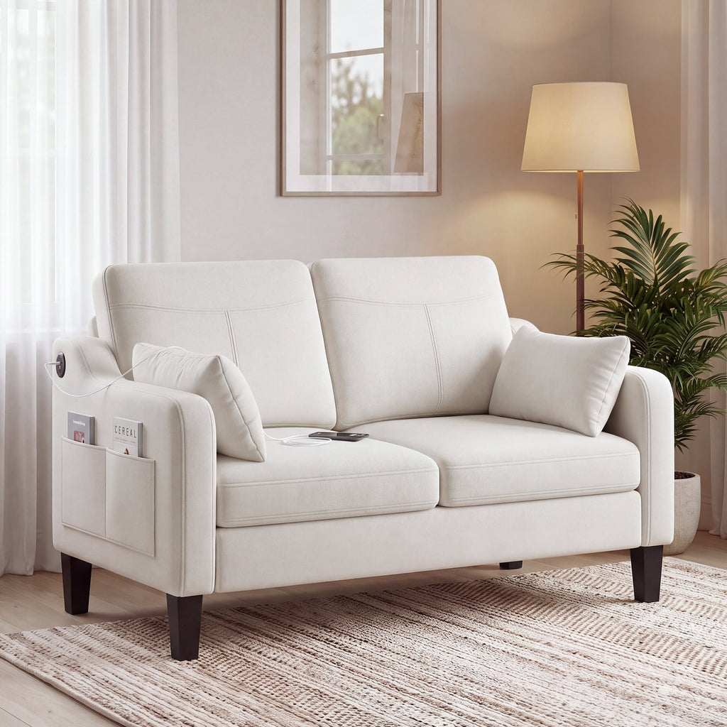 EOP 52" Upholstered Loveseat Sofa, Modern Comfy 2 Seater Couches with USB & Type-C Port, Side Pockets & 2 Pillows for Living Room, Apartment and Small Spaces, Beige