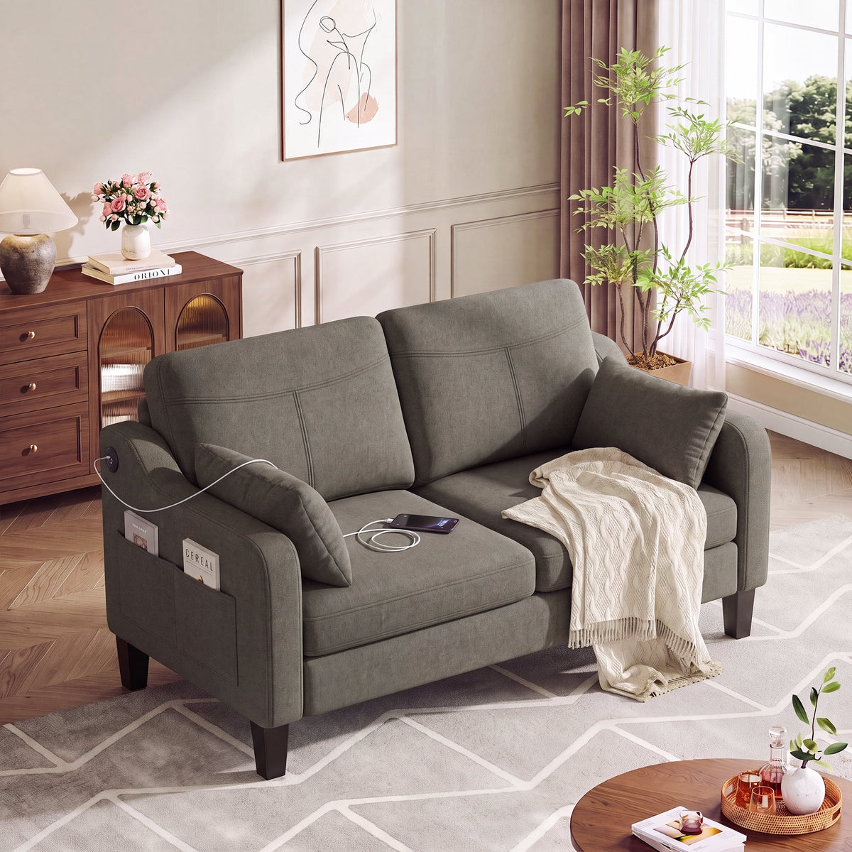 EOP 52" Upholstered Loveseat Sofa with USB & Type-C Charging, 2 Seater Small Couch with Storage Pockets & Armrest Pillows for Living Room, Apartment, Office, Small Spaces, Beige