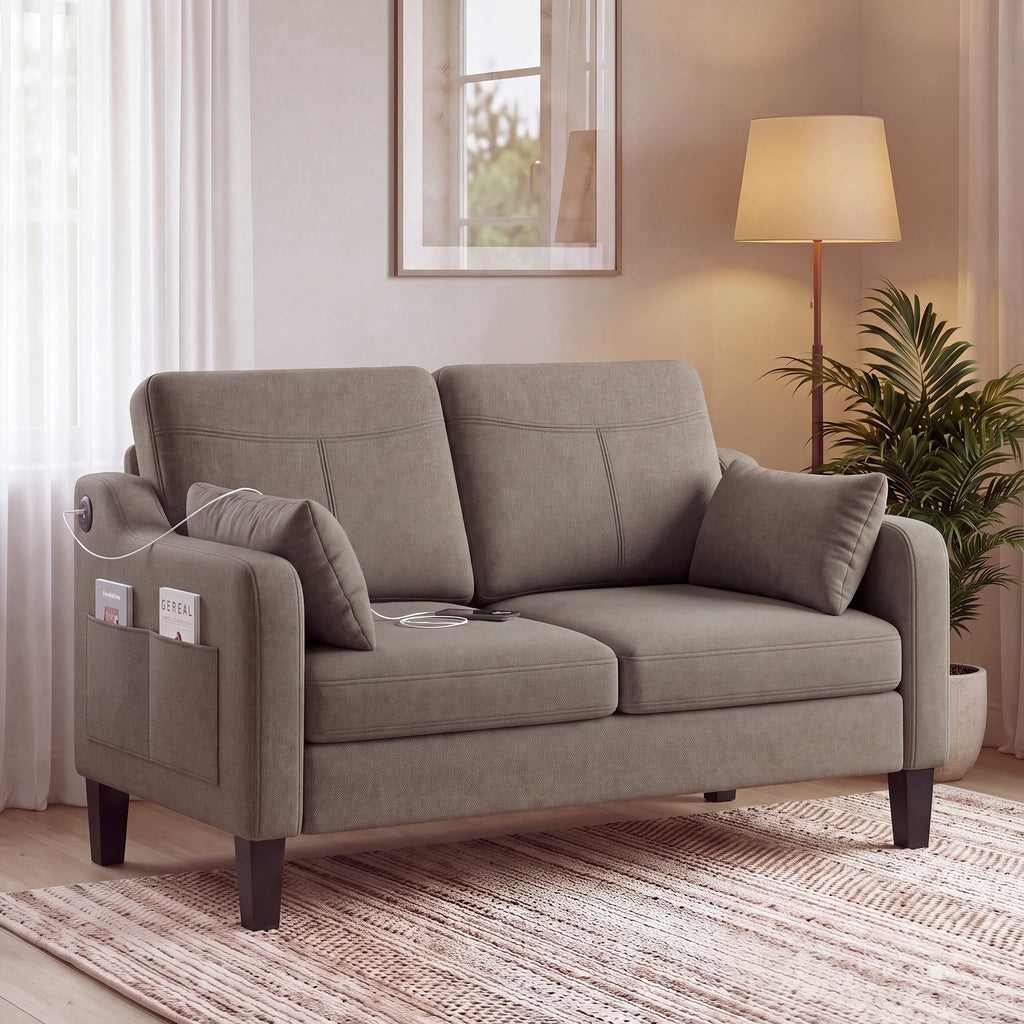 EOP 52" Upholstered Loveseat Sofa, Modern Comfy 2 Seater Couches with USB & Type-C Port, Side Pockets & 2 Pillows for Living Room, Apartment and Small Spaces, Beige