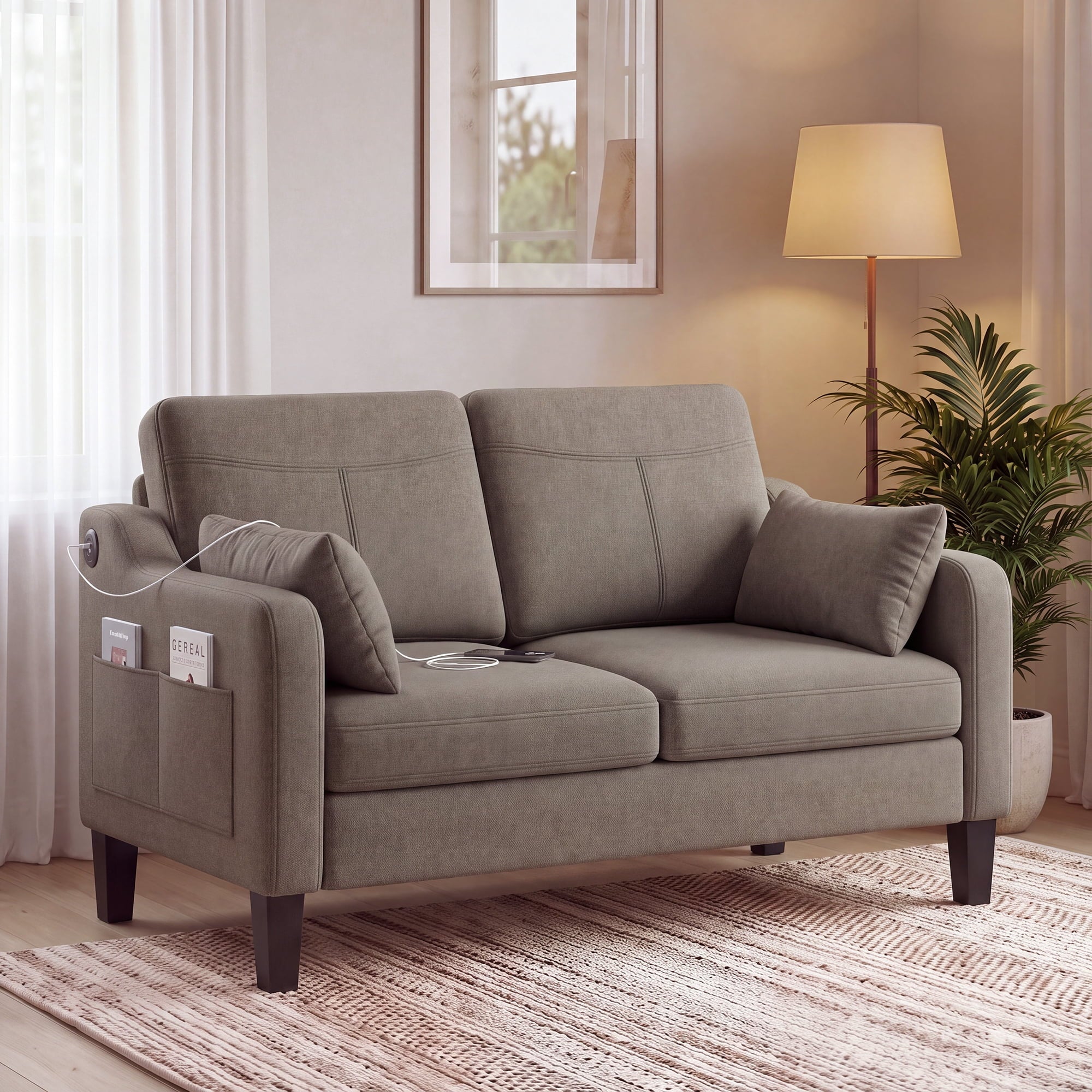 EOP 52" Upholstered Loveseat Sofa, Modern Comfy 2 Seater Couches with USB & Type-C Port, Side Pockets & 2 Pillows for Living Room, Apartment and Small Spaces, Beige