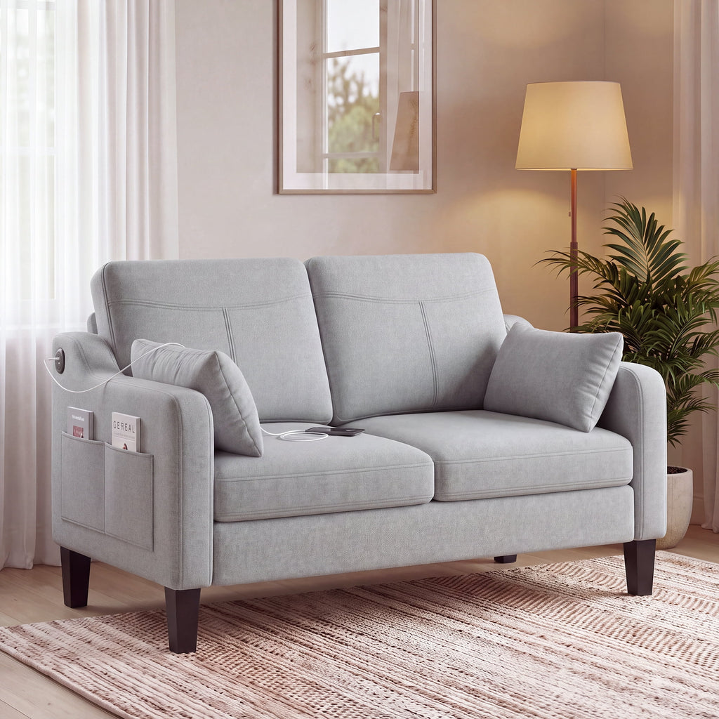 EOP 52" Upholstered Loveseat Sofa, Modern Comfy 2 Seater Couches with USB & Type-C Port, Side Pockets & 2 Pillows for Living Room, Apartment and Small Spaces, Beige