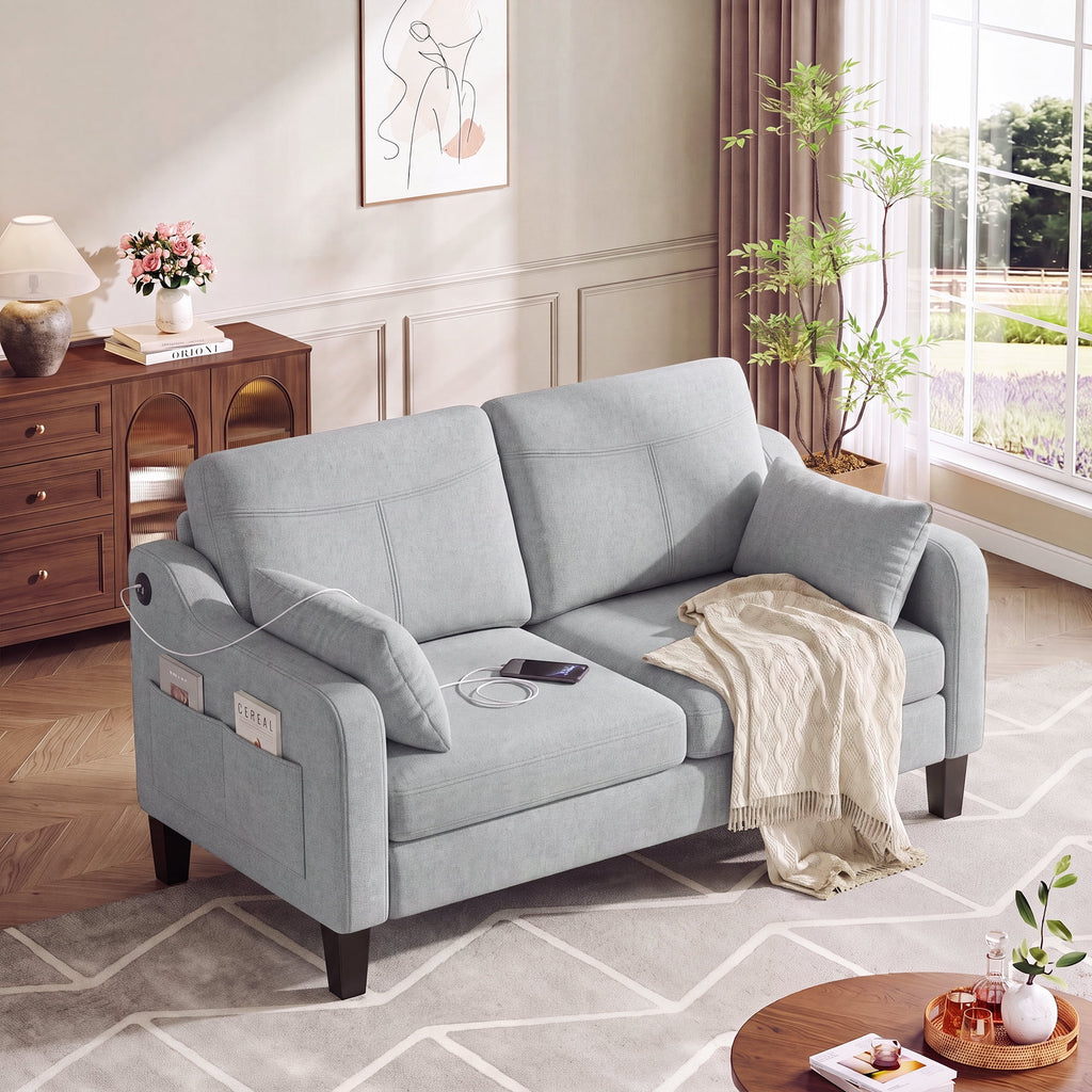 EOP 52" Upholstered Loveseat Sofa with USB & Type-C Charging, 2 Seater Small Couch with Storage Pockets & Armrest Pillows for Living Room, Apartment, Office, Small Spaces, Beige