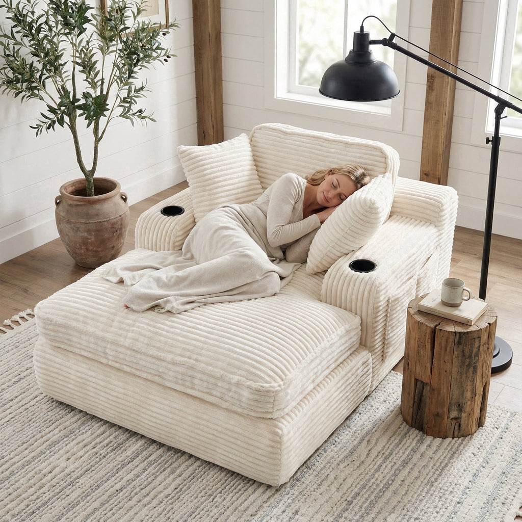 EOP 67'' Oversized Chaise Lounge Chair Indoor, Plush Boneless Cloud Couch with Side Pockets & Cup Holders, Comfy Corduroy Sleeper Couch with Removable Pillows for Living Room, Gray