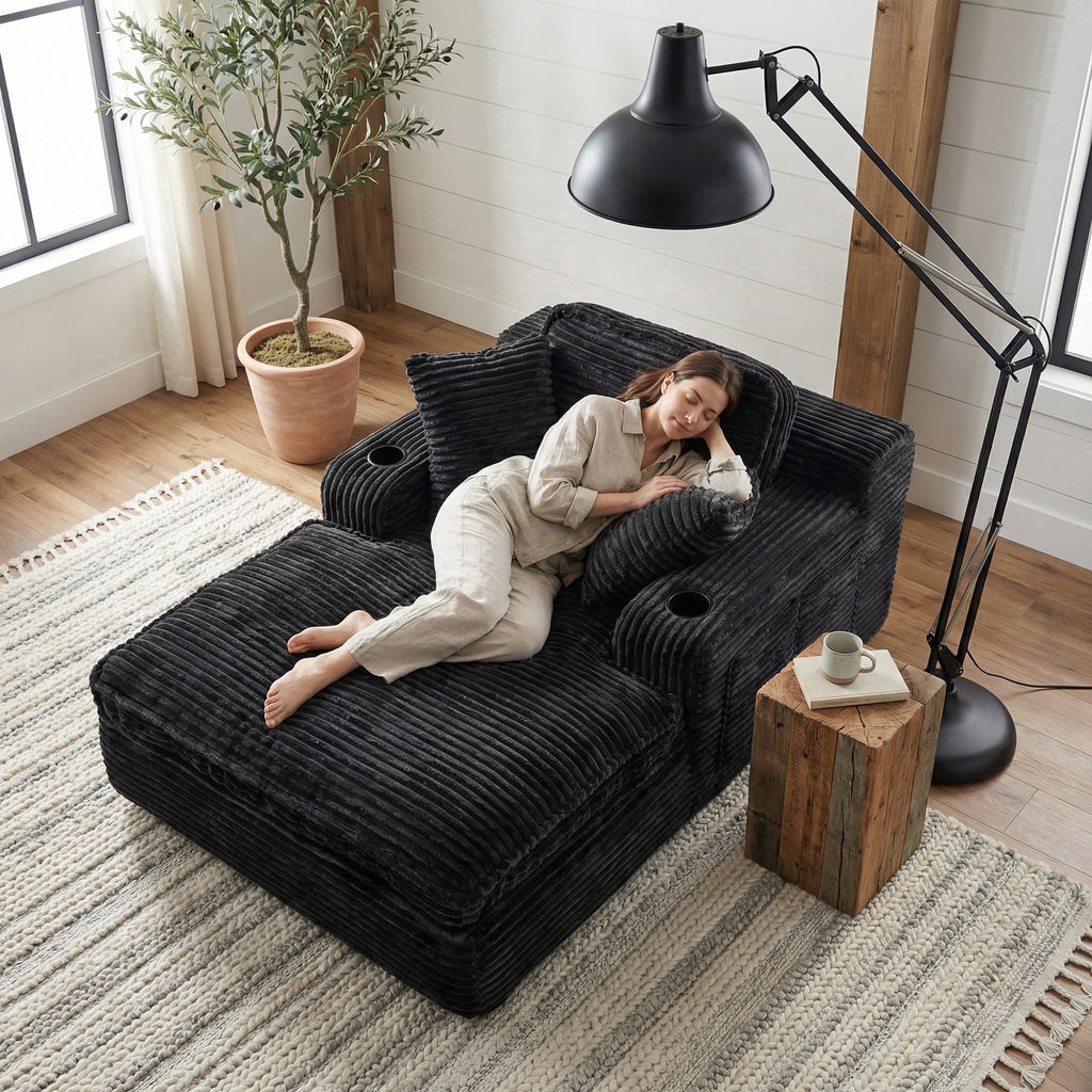 EOP 67'' Oversized Chaise Lounge Chair Indoor, Plush Boneless Cloud Couch with Side Pockets & Cup Holders, Comfy Corduroy Sleeper Couch with Removable Pillows for Living Room, Gray