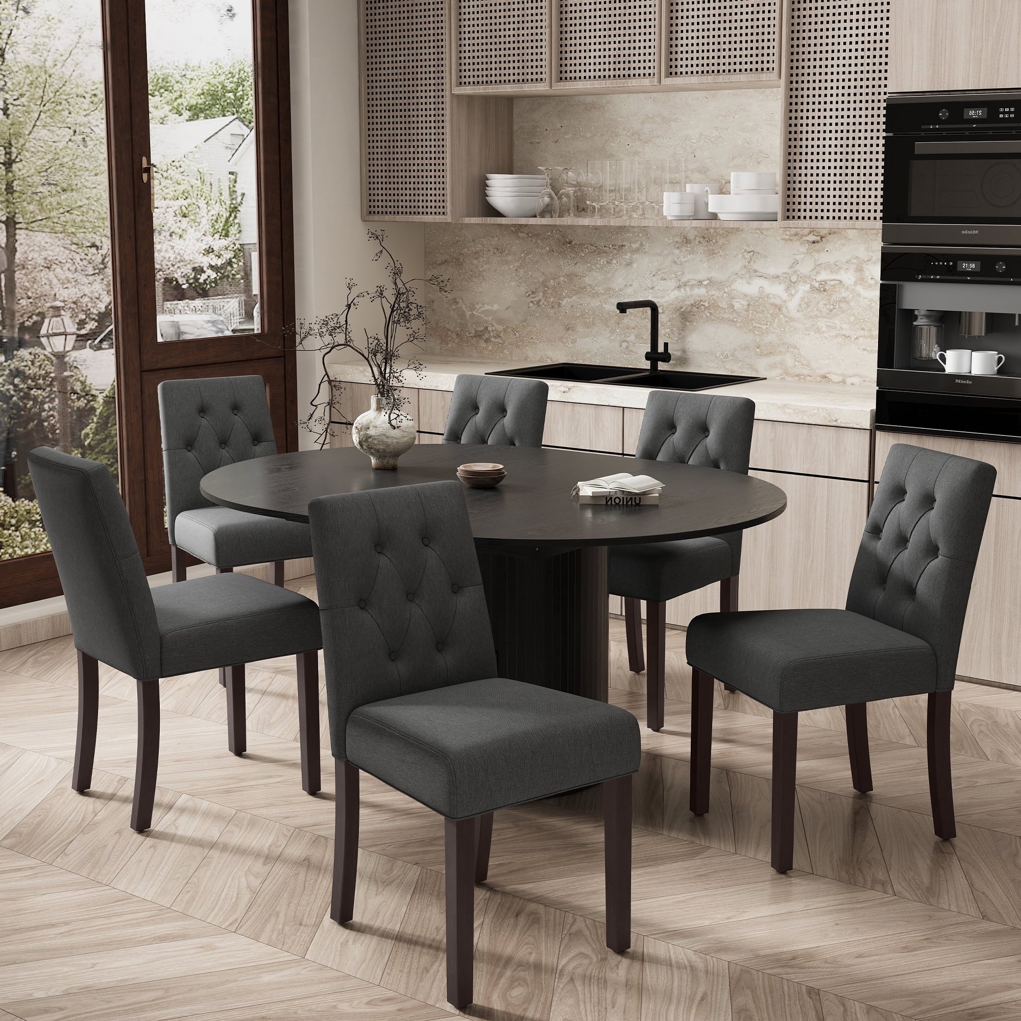 EOP 7-Piece Extendable Dining Table Set for 6, 47"-63" Wood Kitchen Table with 6 Upholstered Chairs, Space-Saving Drop Leaf Kitchen Table for Dining Room, Small Space
