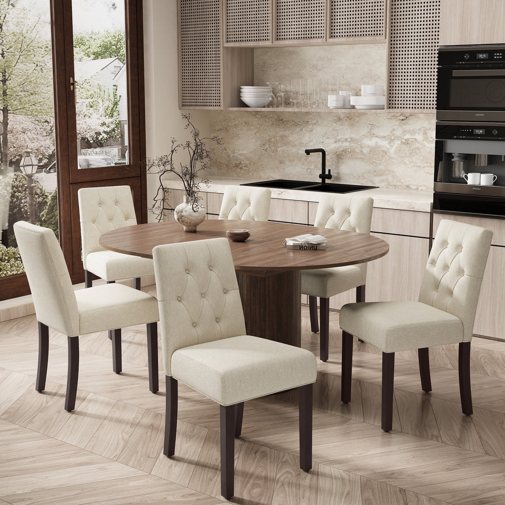 EOP 7-Piece Extendable Dining Table Set for 6, 47"-63" Wood Kitchen Table with 6 Upholstered Chairs, Space-Saving Drop Leaf Kitchen Table for Dining Room, Small Space