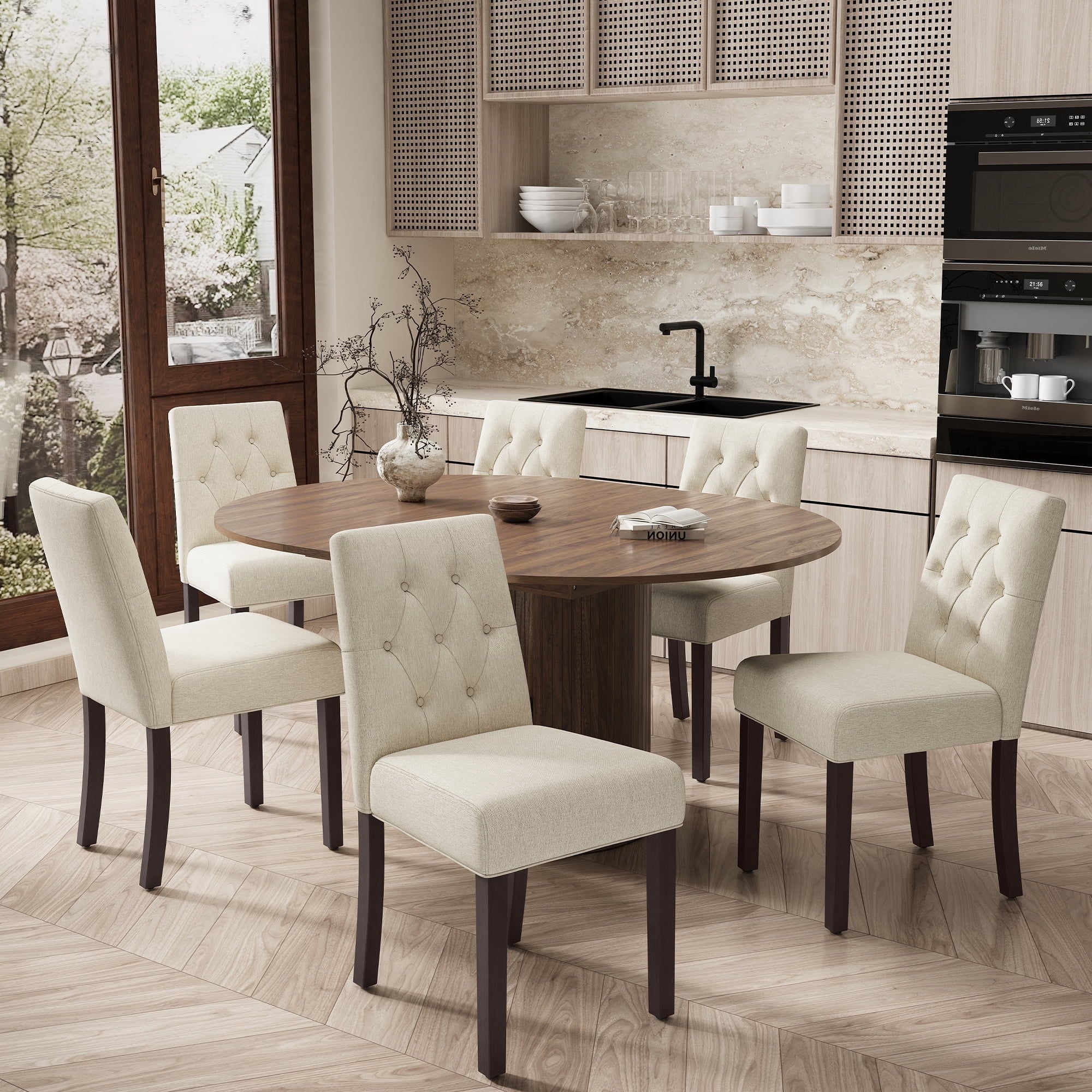 EOP 7-Piece Extendable Dining Table Set for 6, 47"-63" Wood Kitchen Table with 6 Upholstered Chairs, Space-Saving Drop Leaf Kitchen Table for Dining Room, Small Space