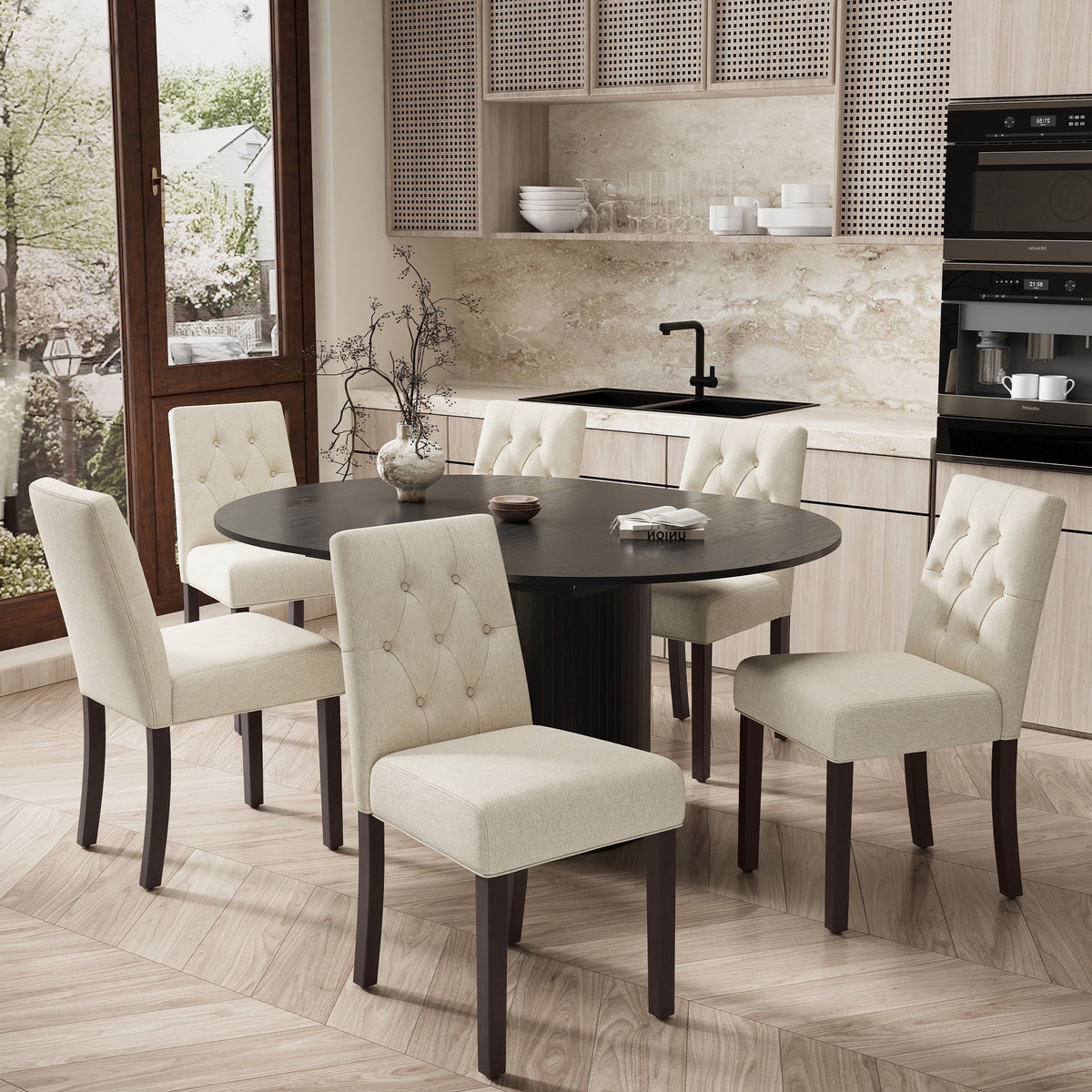 EOP 7-Piece Extendable Dining Table Set for 6, 47"-63" Wood Kitchen Table with 6 Upholstered Chairs, Space-Saving Drop Leaf Kitchen Table for Dining Room, Small Space