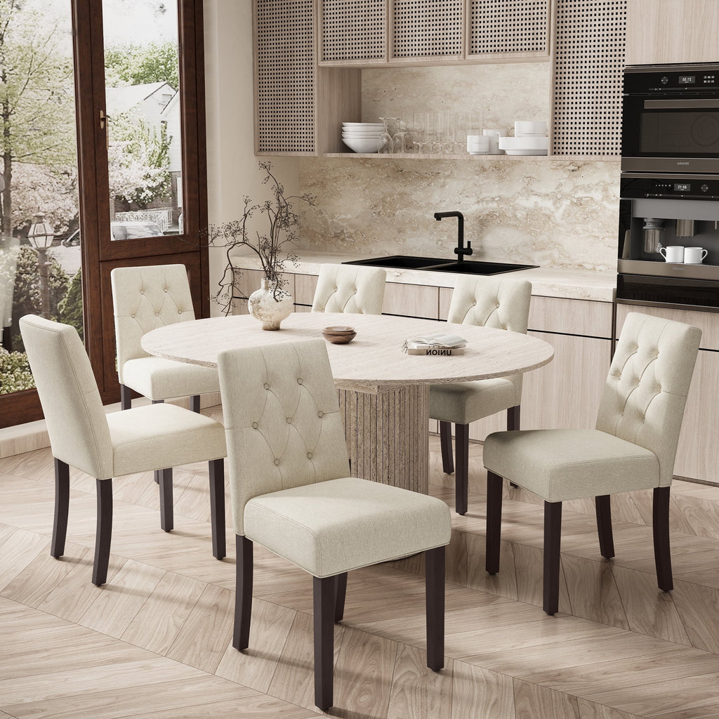 EOP 7-Piece Extendable Dining Table Set for 6, 47"-63" Wood Kitchen Table with 6 Upholstered Chairs, Space-Saving Drop Leaf Kitchen Table for Dining Room, Small Space