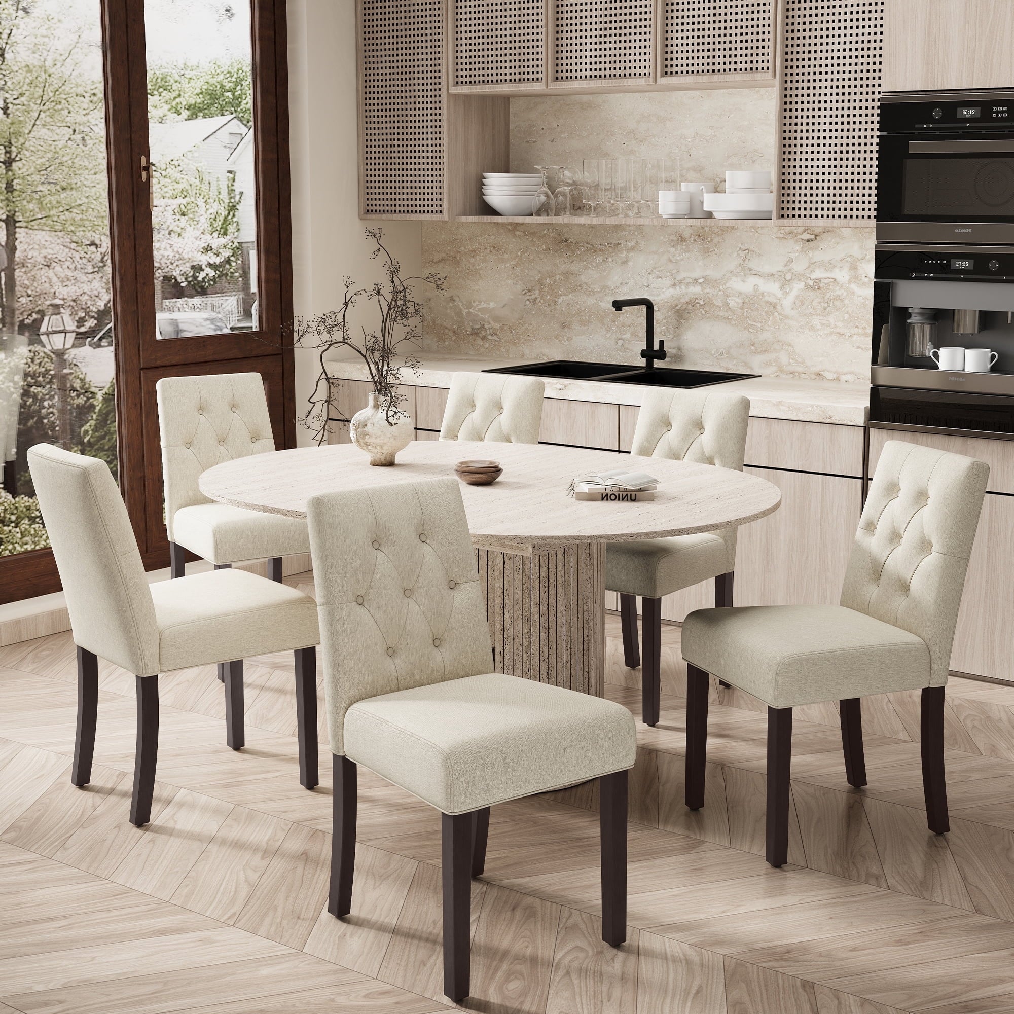 EOP 7-Piece Extendable Dining Table Set for 6, 47"-63" Wood Kitchen Table with 6 Upholstered Chairs, Space-Saving Drop Leaf Kitchen Table for Dining Room, Small Space
