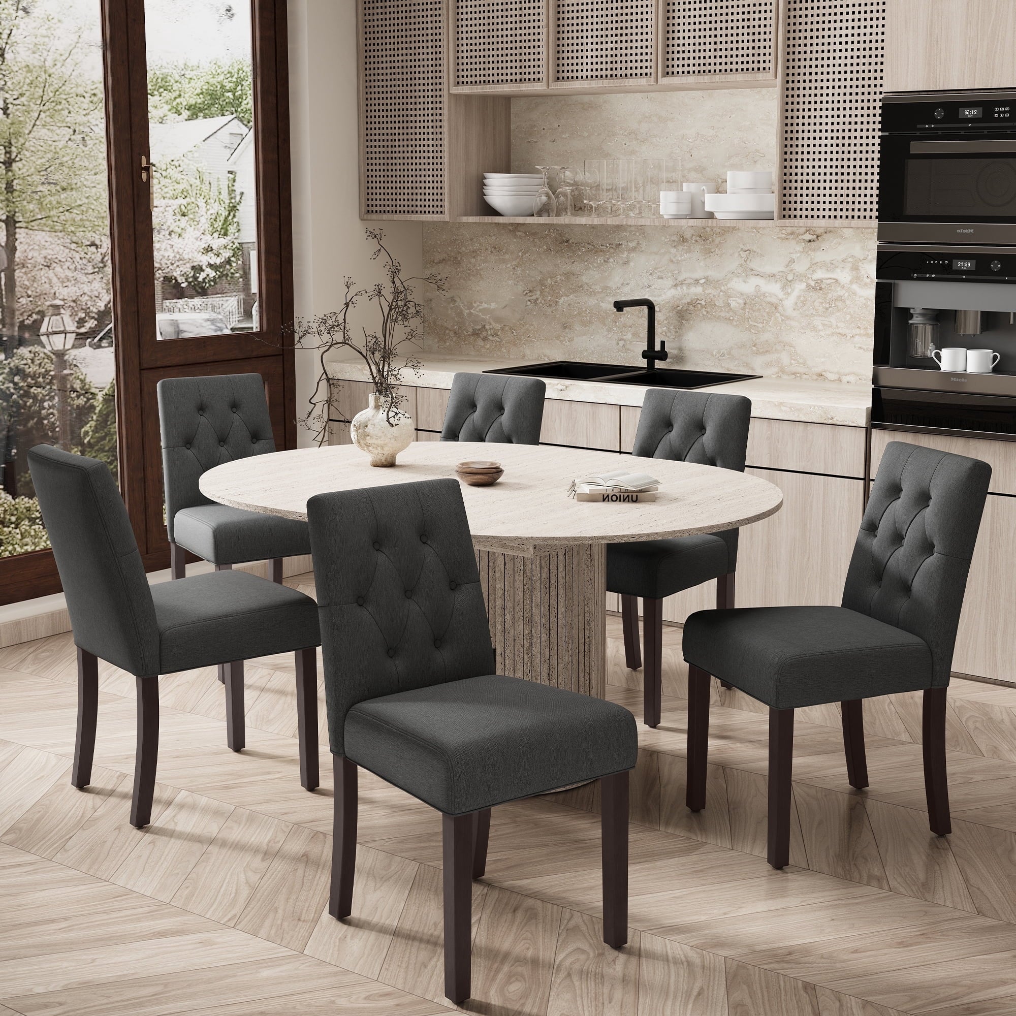 EOP 7-Piece Extendable Dining Table Set for 6, 47"-63" Wood Kitchen Table with 6 Upholstered Chairs, Space-Saving Drop Leaf Kitchen Table for Dining Room, Small Space