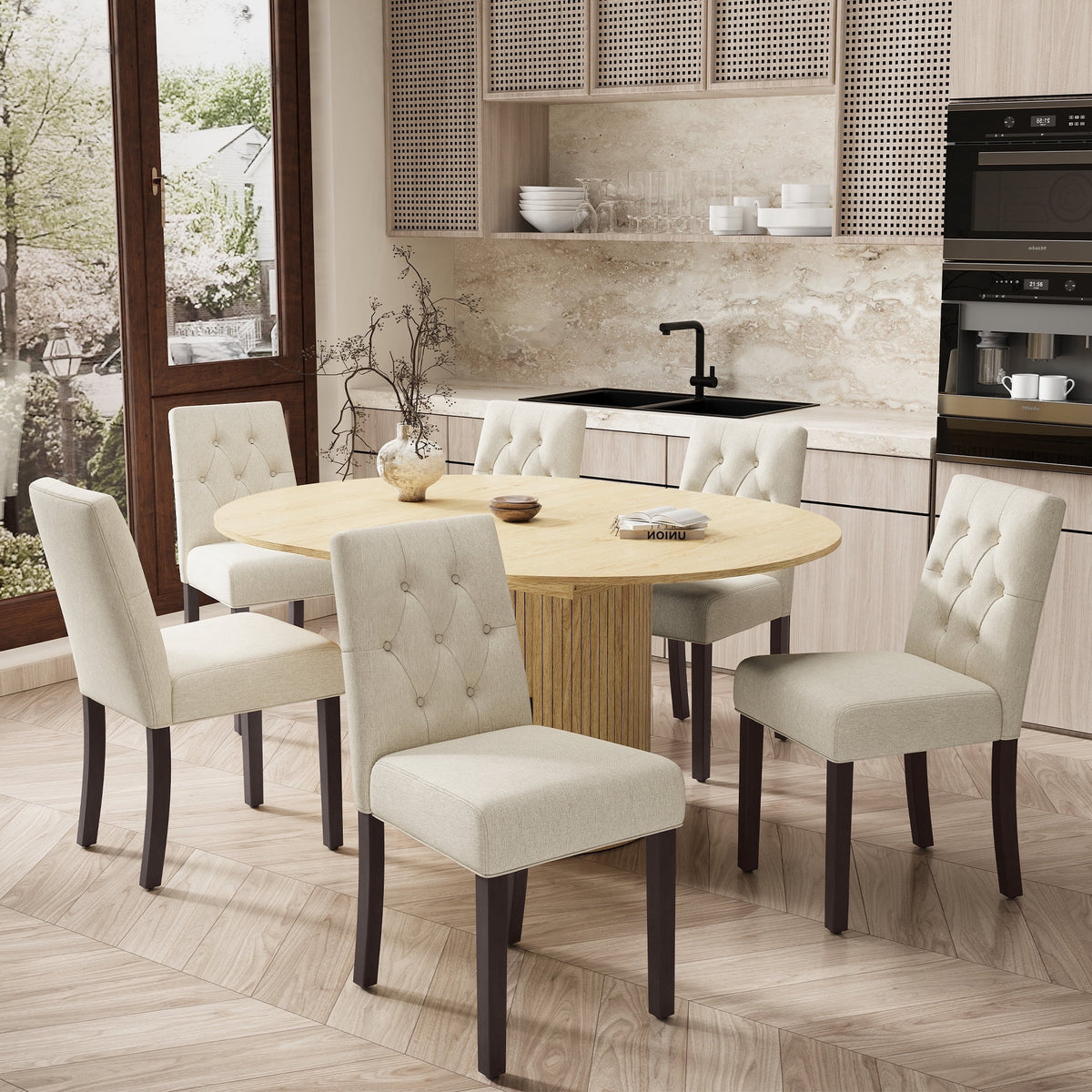 EOP 7-Piece Extendable Dining Table Set for 6, 47"-63" Wood Kitchen Table with 6 Upholstered Chairs, Space-Saving Drop Leaf Kitchen Table for Dining Room, Small Space
