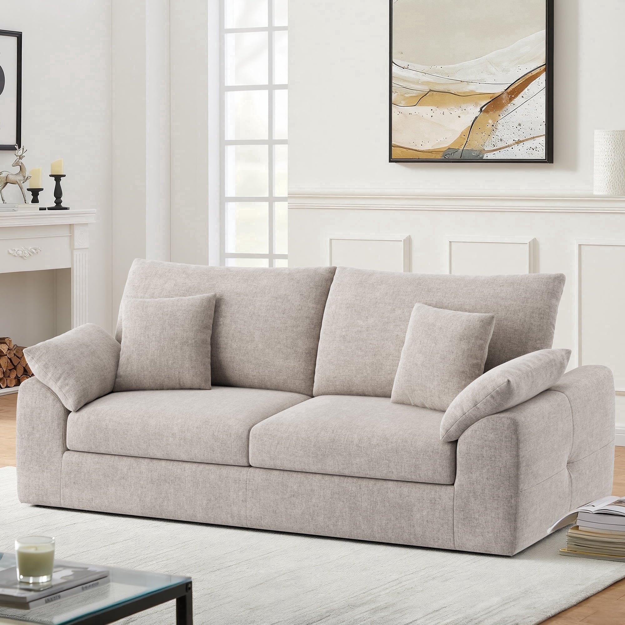 EOP 62.99" Wide Cloud Compression Sofa, Full Sponge Loveseat with Deep Seat, Upholstered Couch with 4 Pillows, No Assembly Required for Small Living Spaces, Beige