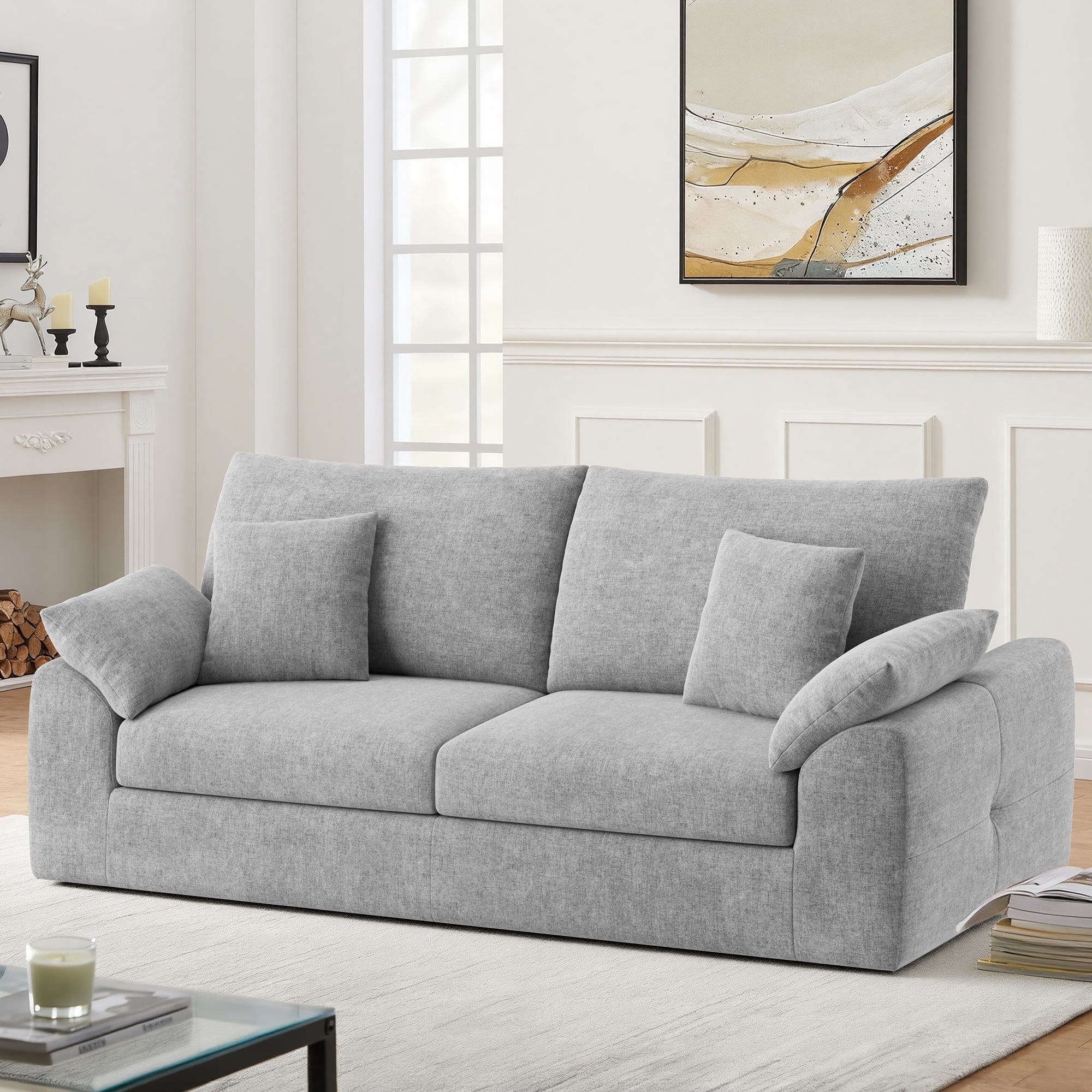EOP 62.99" Wide Cloud Compression Sofa, Full Sponge Loveseat with Deep Seat, Upholstered Couch with 4 Pillows, No Assembly Required for Small Living Spaces, Beige