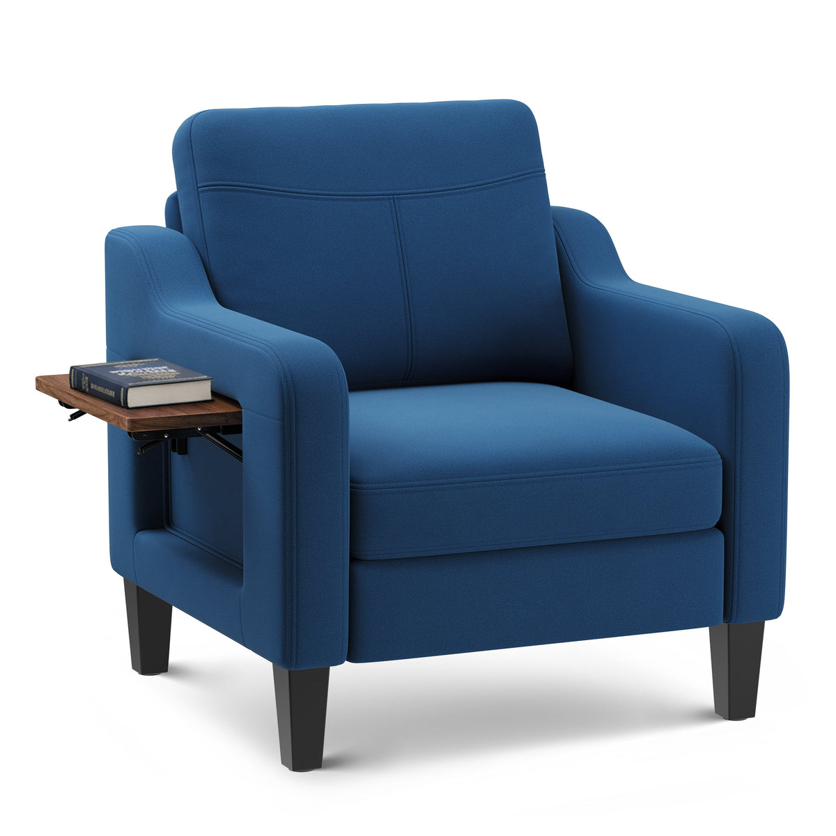 EOP Accent Chair with Foldable Table, Beige Linen Fabric Armchair with Side Pockets, Comfy Reading Chair for Living Room Bedroom