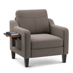 EOP Accent Chair with Foldable Table, Beige Linen Fabric Armchair with Side Pockets, Comfy Reading Chair for Living Room Bedroom