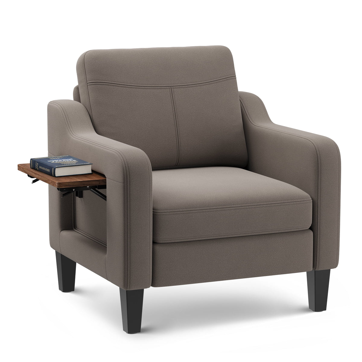 EOP Accent Chair with Foldable Table, Beige Linen Fabric Armchair with Side Pockets, Comfy Reading Chair for Living Room Bedroom