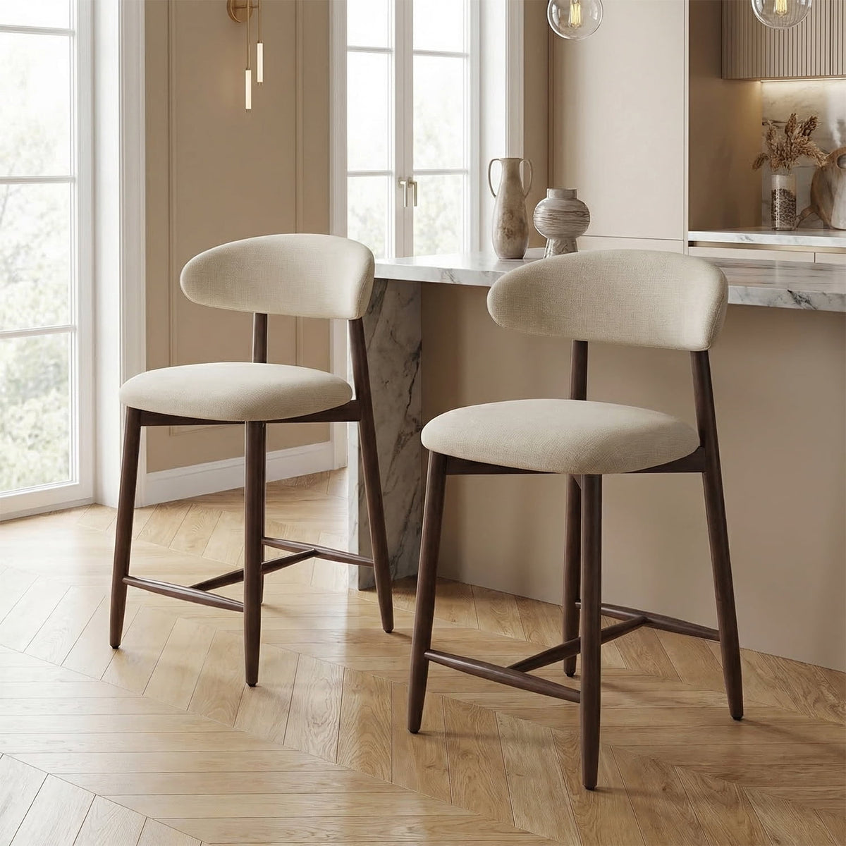 EOP Barstools Set of 2, Mid Century Counter Height Barstools with Curved Back, Upholstered Kitchen Bar Chairs with Wood Legs for Kitchen Island Dining Room