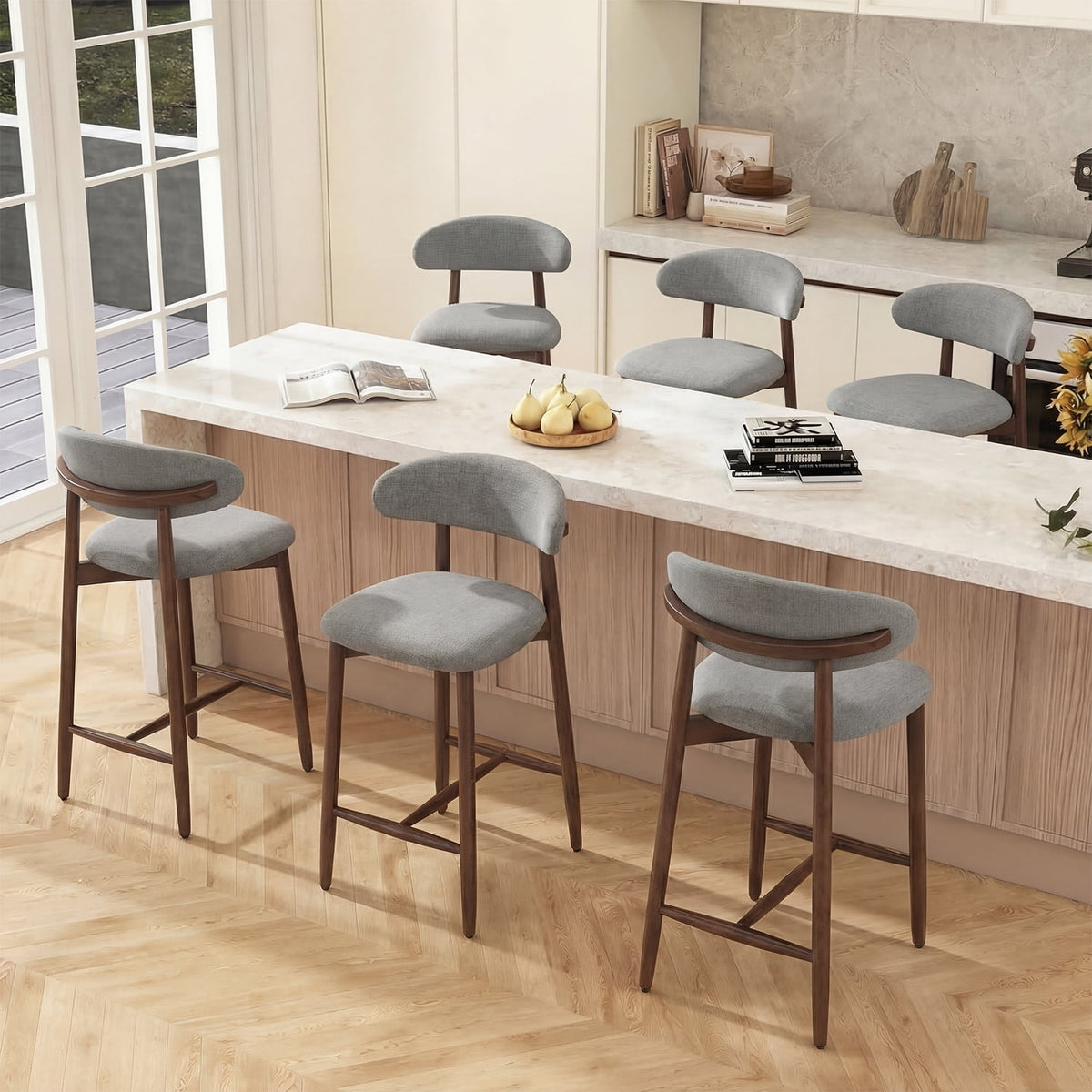 EOP Barstools Set of 2, Mid Century Counter Height Barstools with Curved Back, Upholstered Kitchen Bar Chairs with Wood Legs for Kitchen Island Dining Room