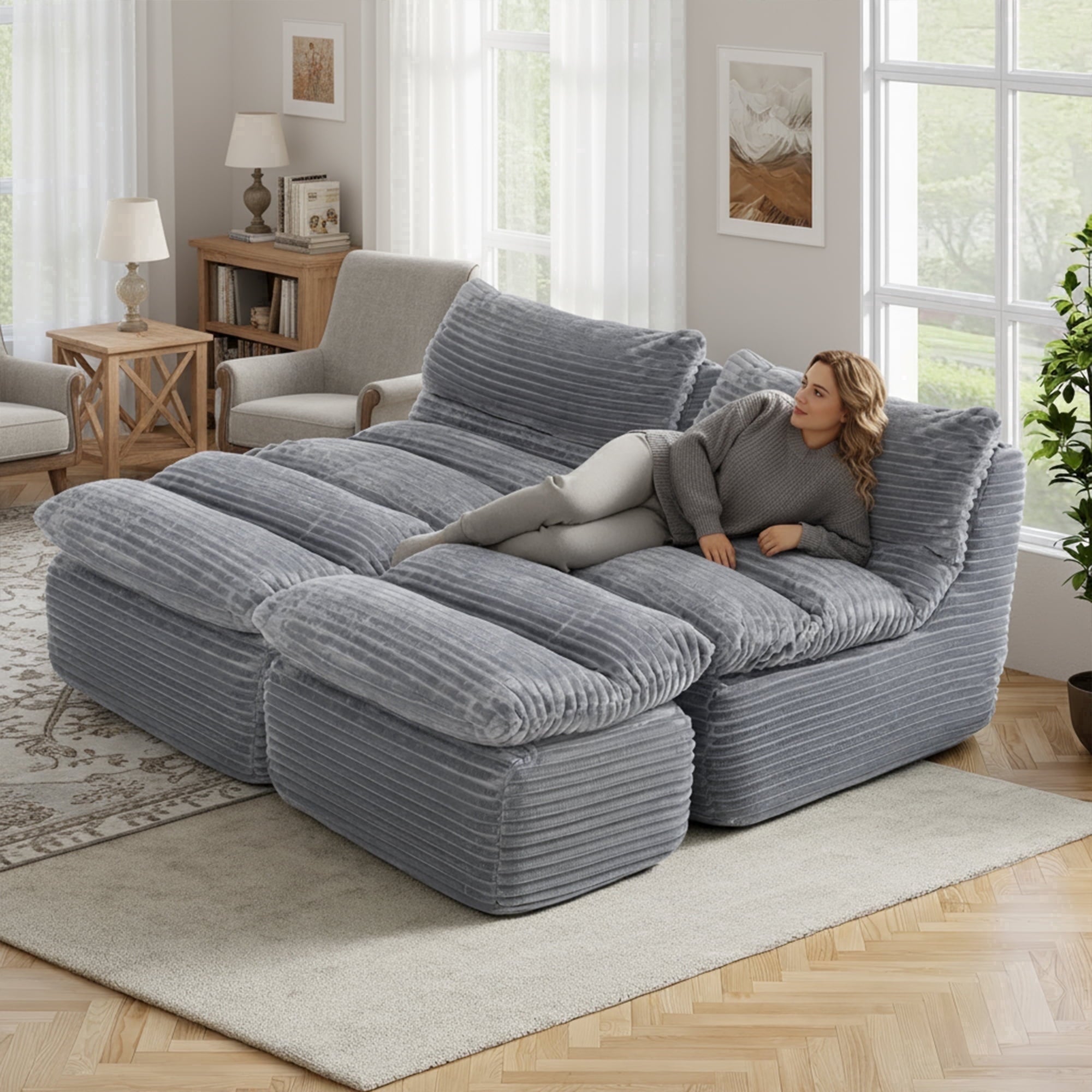 EOP Big Bean Bag Lounger Chair, Chaise Lounge Chair Indoor, Comfy Upholstered Sleeper Sofa Bed with Compressed Memory Foam, No Assembly Required, Beige