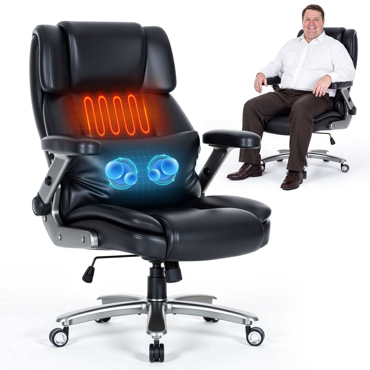 EOP Big and Tall Heated Massage Office Chair, High Back Executive Desk Chair with 4D Flip-Up Armrests & Lumbar Support for Home Office, Black